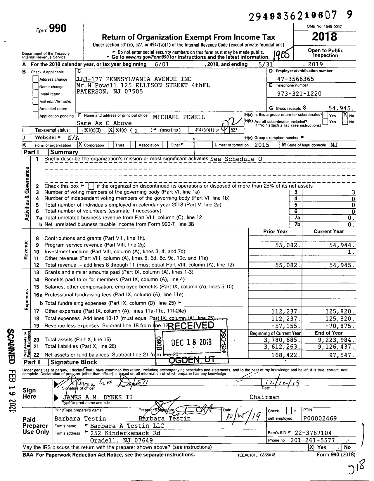 Image of first page of 2018 Form 990O for 163-177 Pennsylvania Avenue