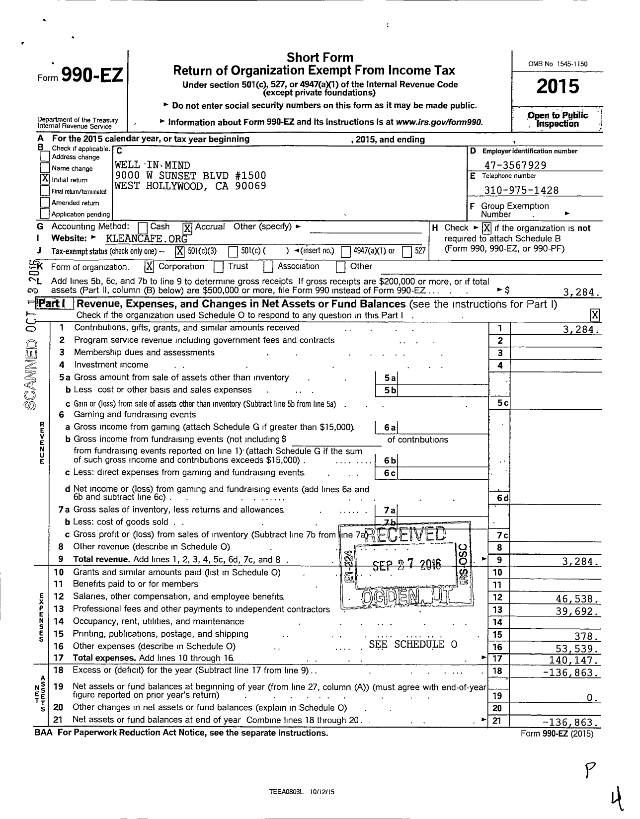 Image of first page of 2015 Form 990EZ for Well In Mind