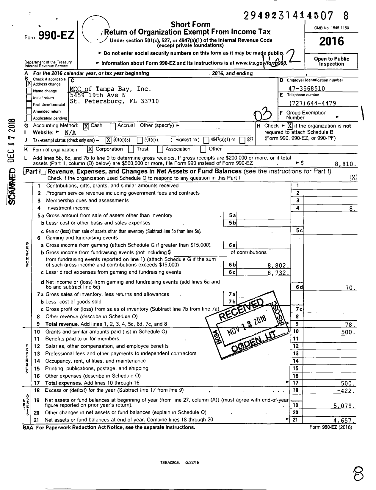 Image of first page of 2016 Form 990EZ for MCC of Tampa Bay