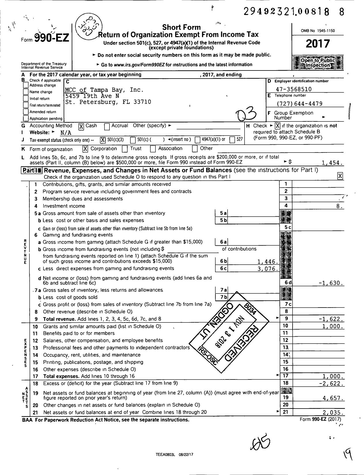 Image of first page of 2017 Form 990EZ for MCC of Tampa Bay