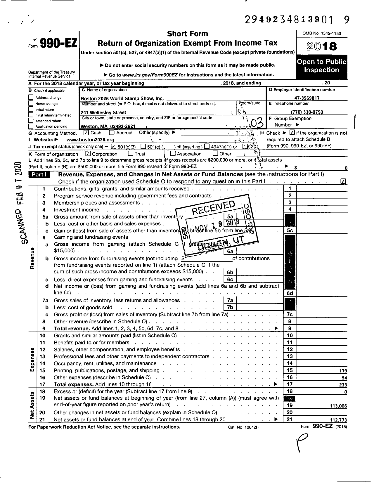 Image of first page of 2018 Form 990EZ for Boston 2026 World Expo