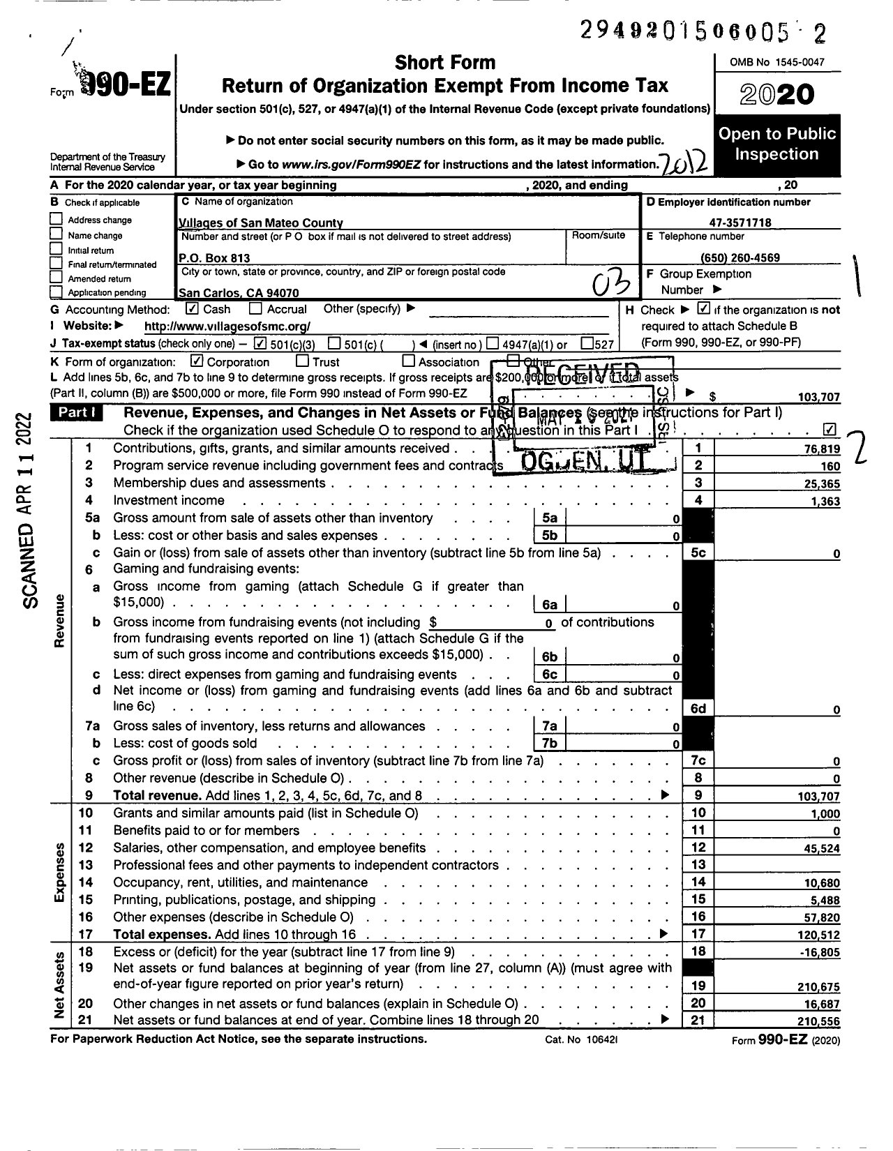 Image of first page of 2020 Form 990EZ for Villages of San Mateo County