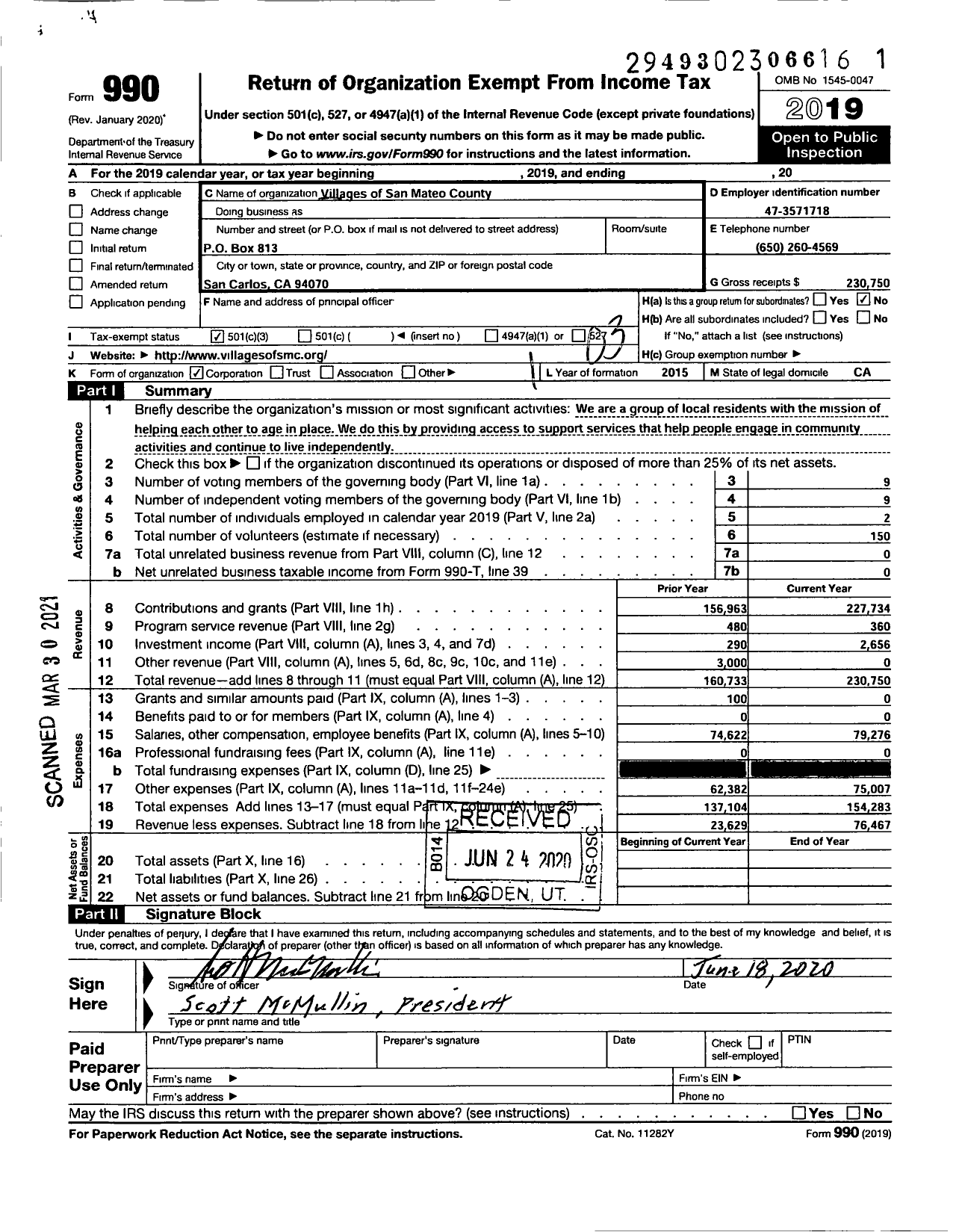 Image of first page of 2019 Form 990 for Villages of San Mateo County