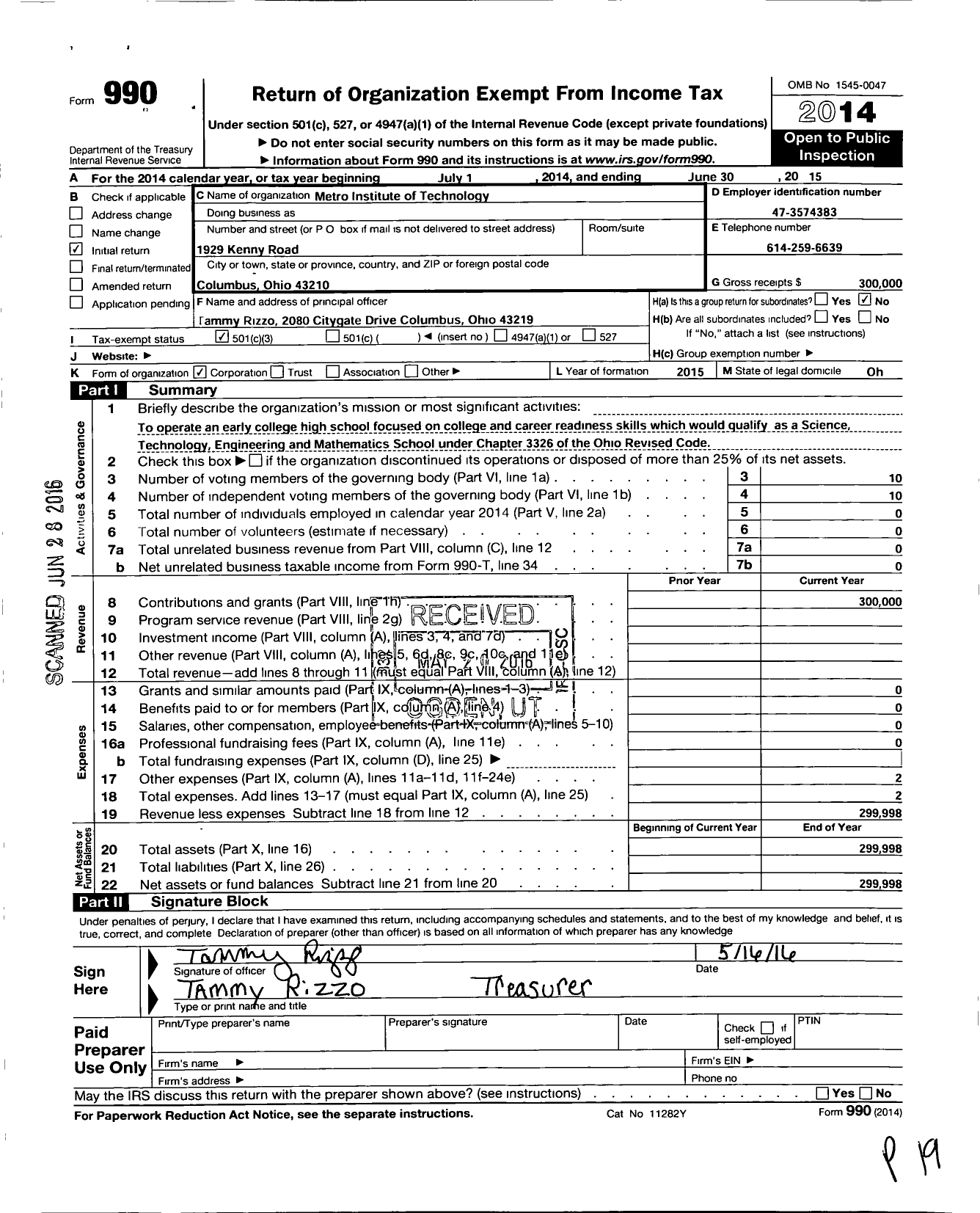 Image of first page of 2014 Form 990 for Metro Institute of Technology