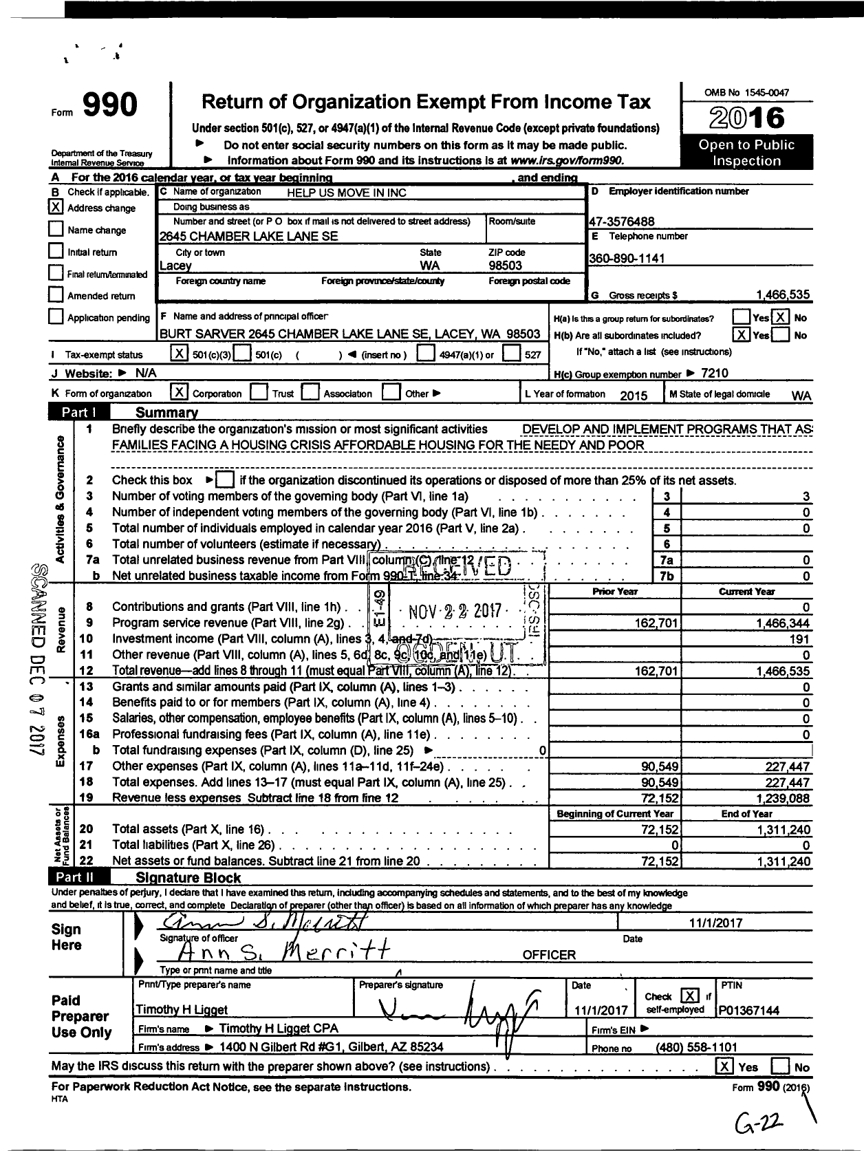 Image of first page of 2016 Form 990 for Help Us Move