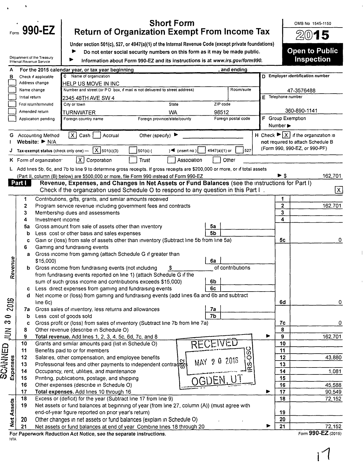 Image of first page of 2015 Form 990EZ for Help Us Move