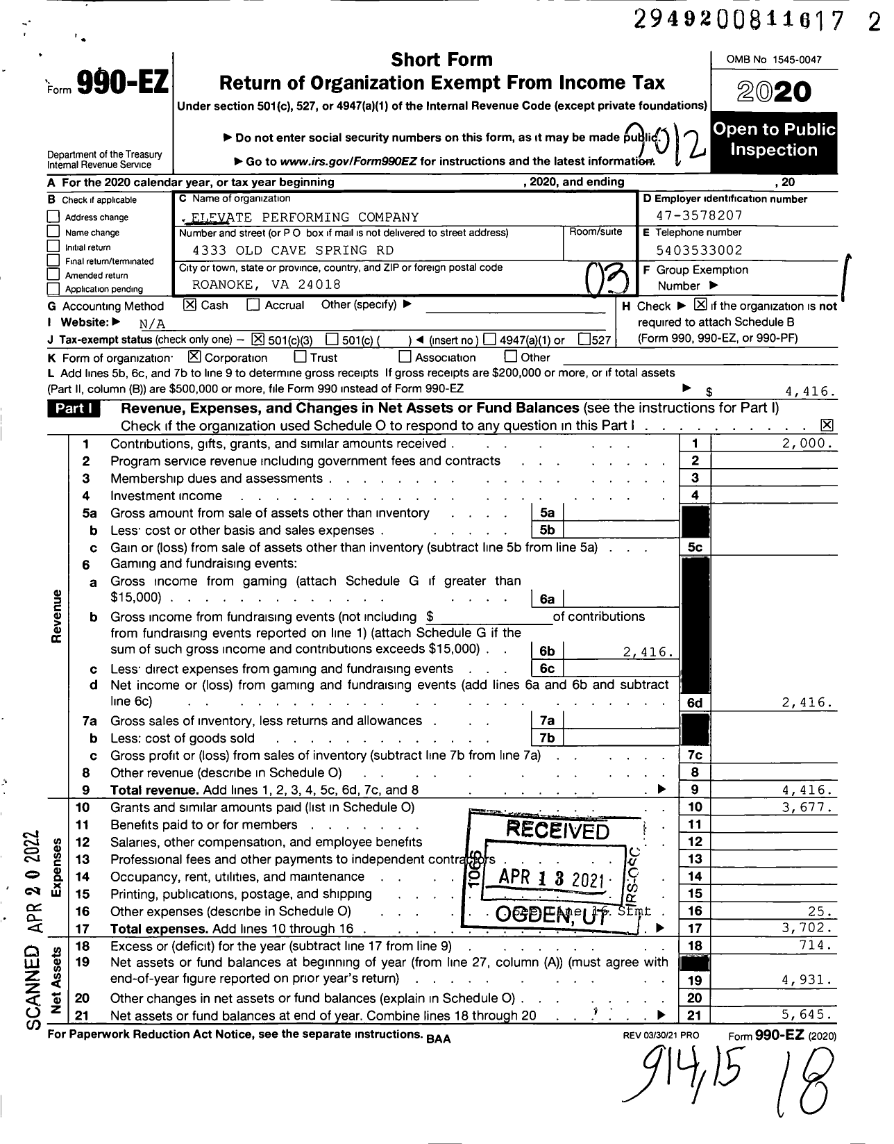 Image of first page of 2020 Form 990EZ for Elevate Performing Company