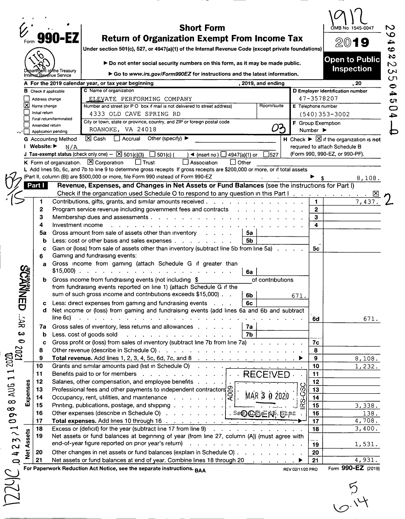 Image of first page of 2019 Form 990EZ for Elevate Performing Company