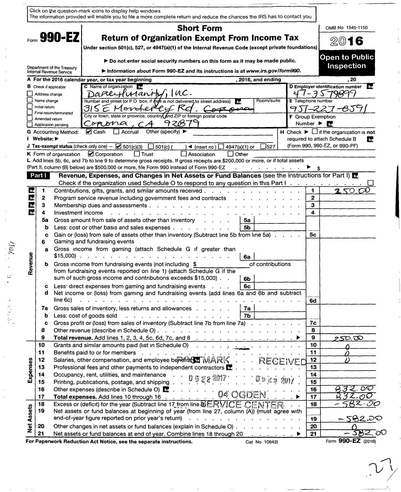 Image of first page of 2016 Form 990EZ for Dare Humanity