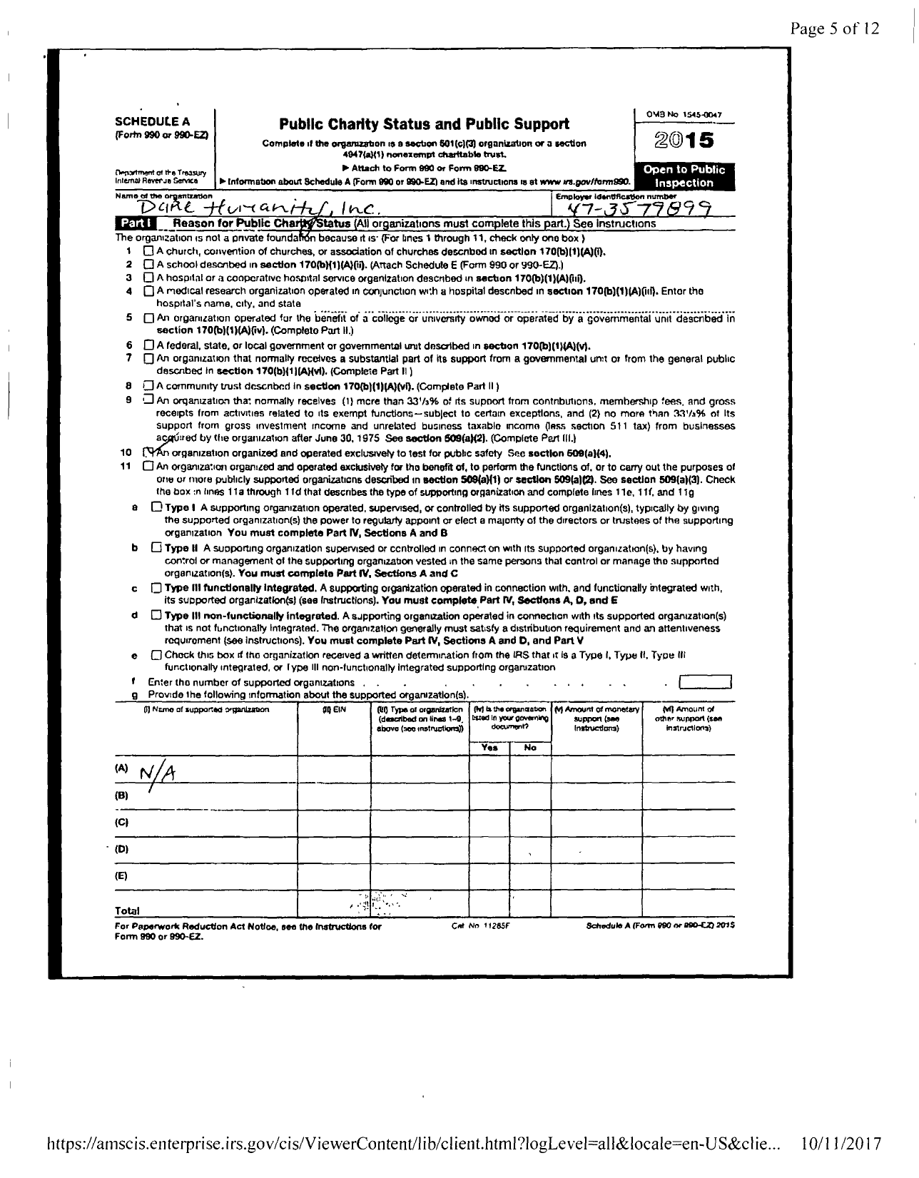 Image of first page of 2015 Form 990ER for Dare Humanity