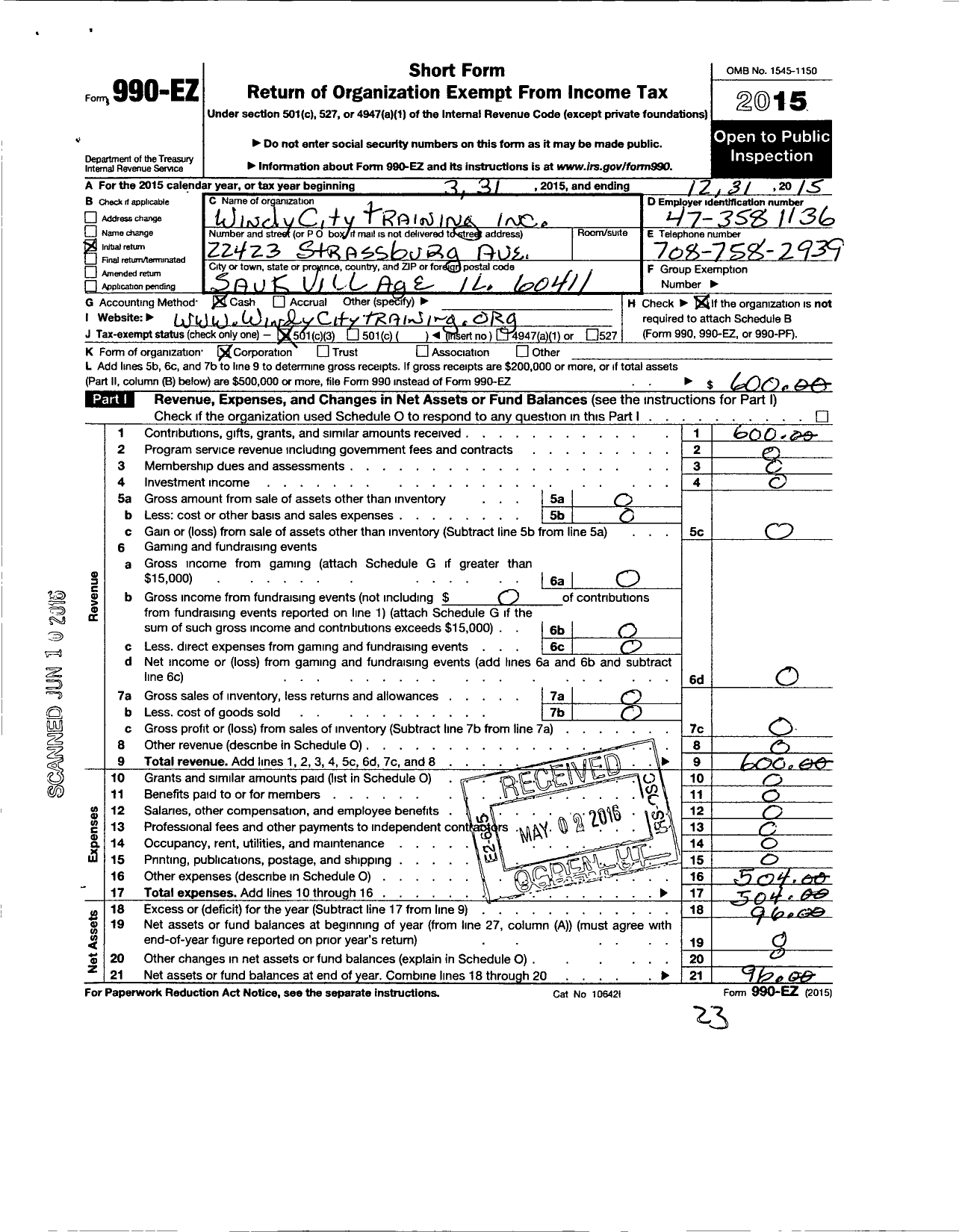 Image of first page of 2015 Form 990EZ for Windy City Training