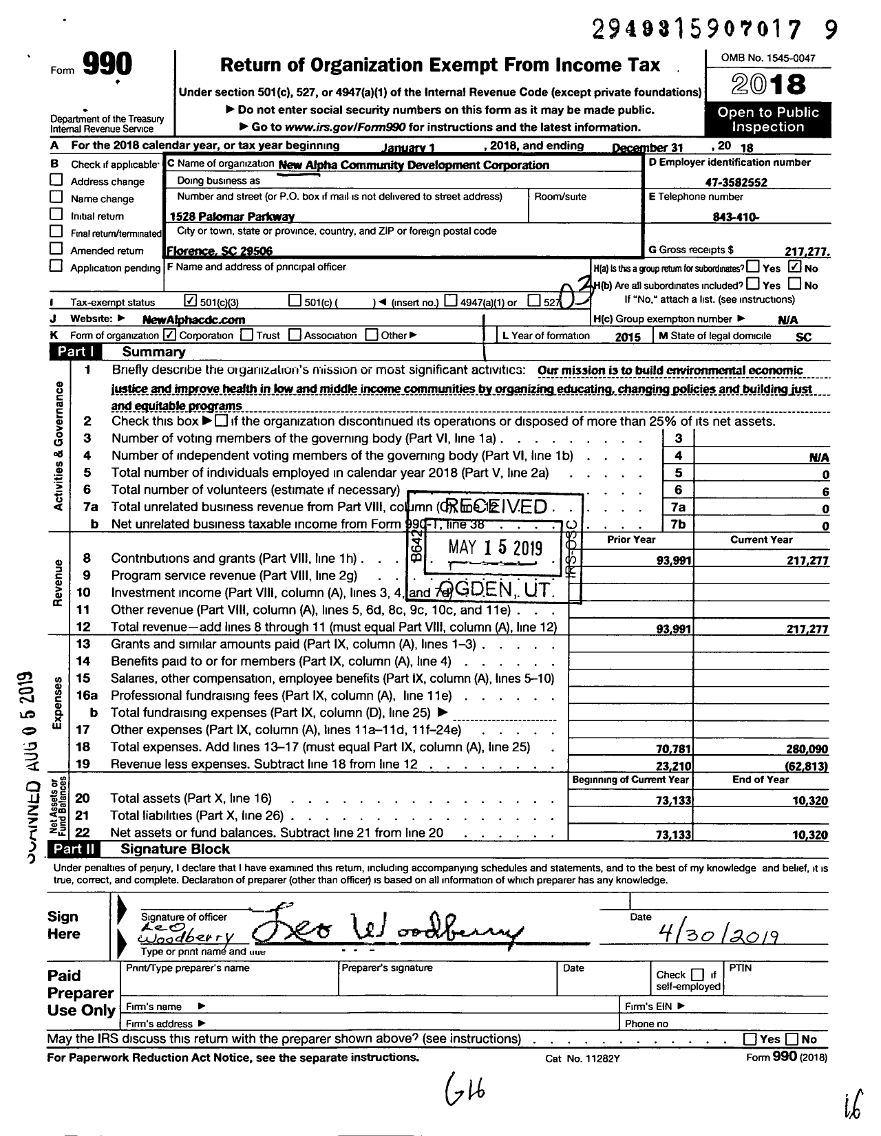 Image of first page of 2018 Form 990 for New Alpha Community Development Corporation