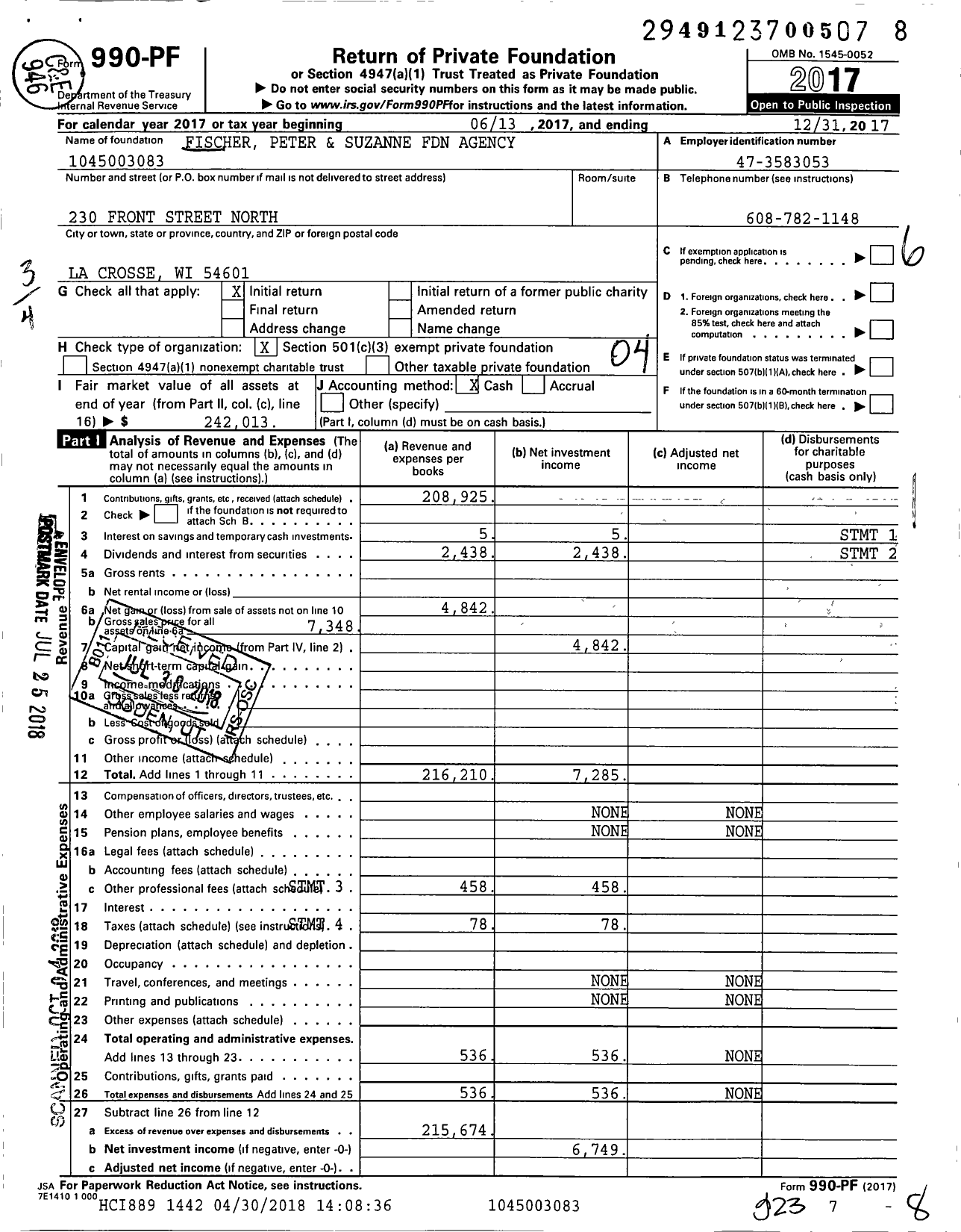 Image of first page of 2017 Form 990PF for Fischer Peter and Suzanne Foundation Agency