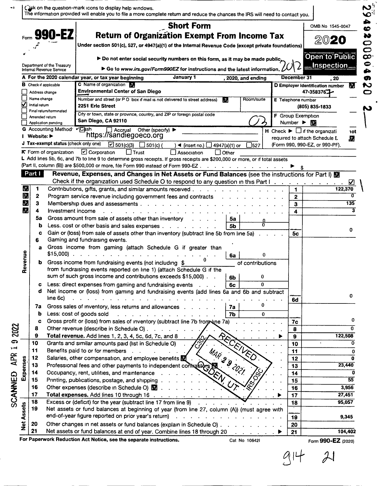 Image of first page of 2020 Form 990EZ for Environmental Center of San Diego