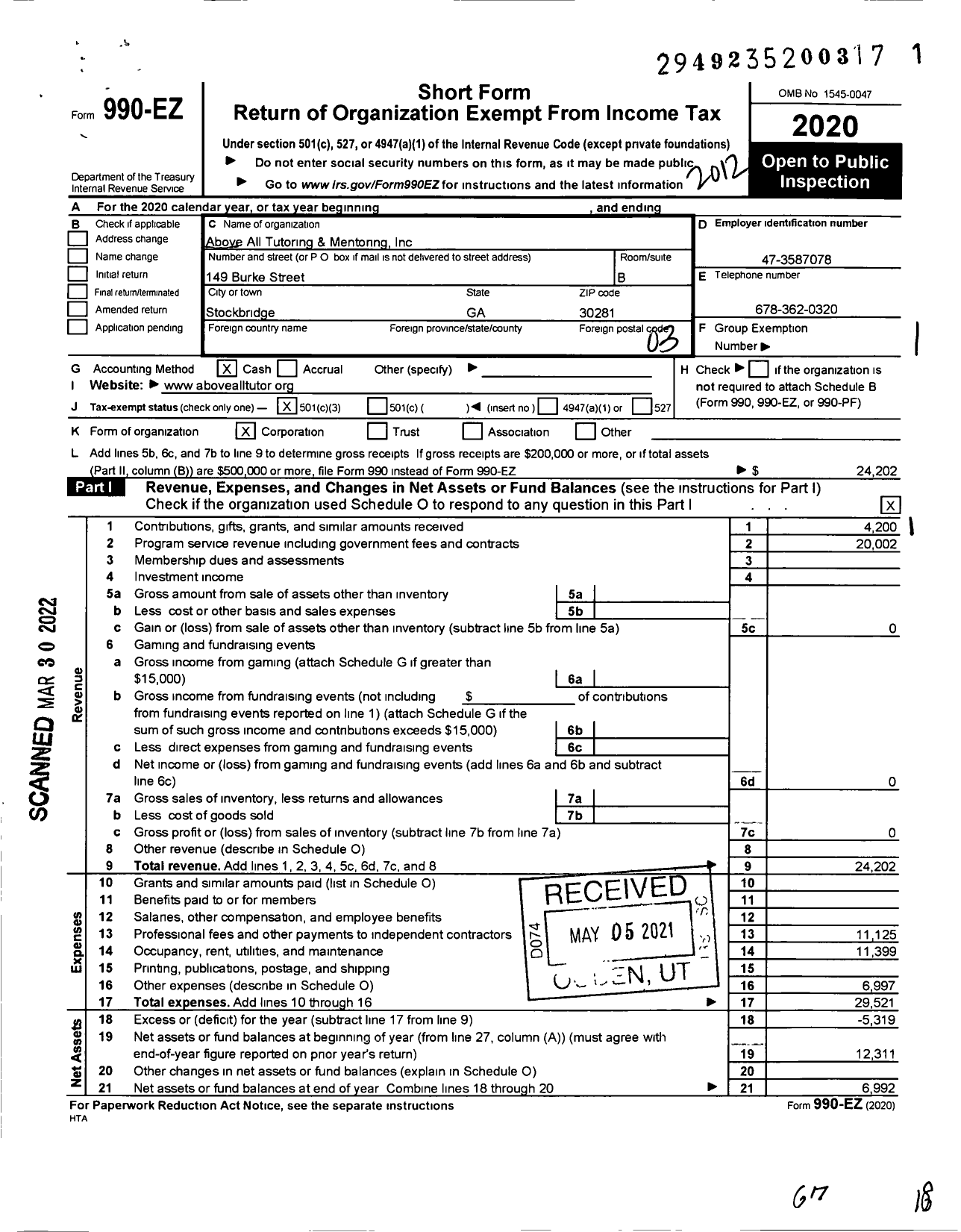 Image of first page of 2020 Form 990EZ for Above All Tutoring and Mentoring