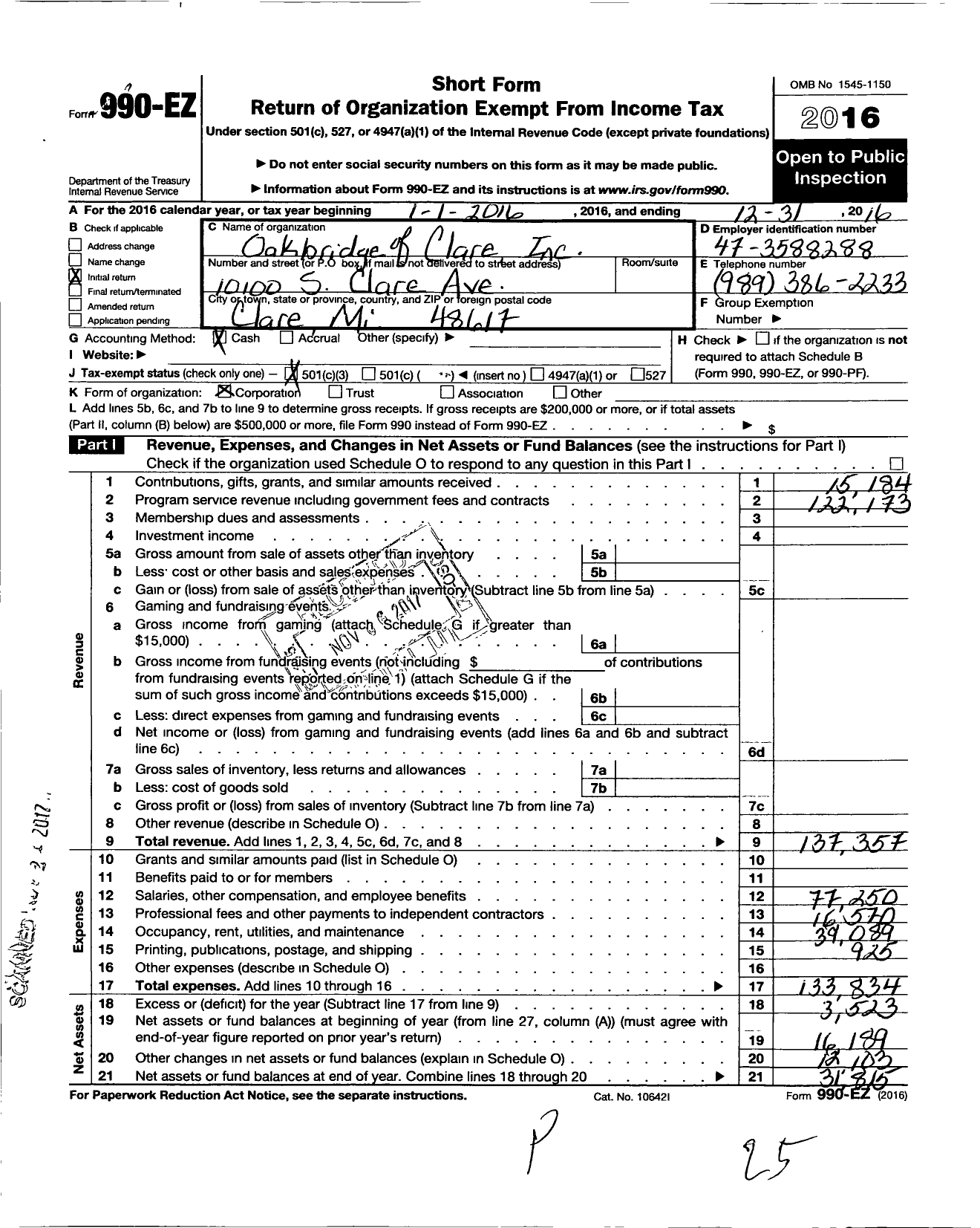 Image of first page of 2016 Form 990EZ for Oakbridge of Clare