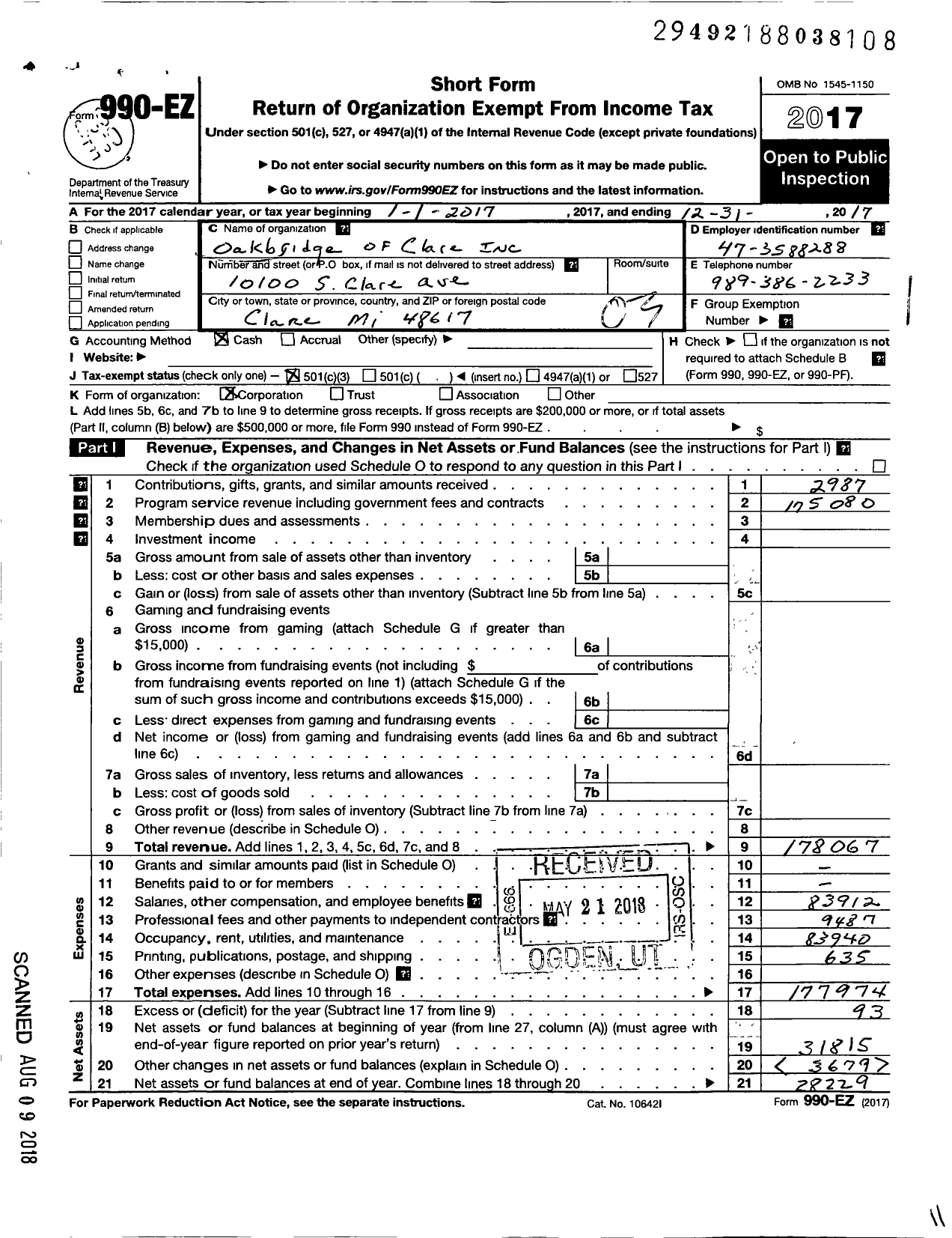 Image of first page of 2017 Form 990EZ for Oakbridge of Clare