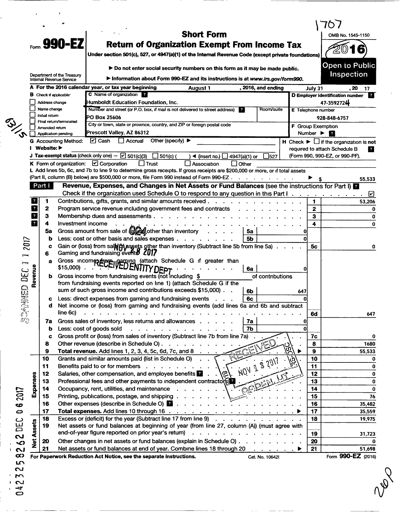 Image of first page of 2016 Form 990EZ for Humboldt Education Foundation