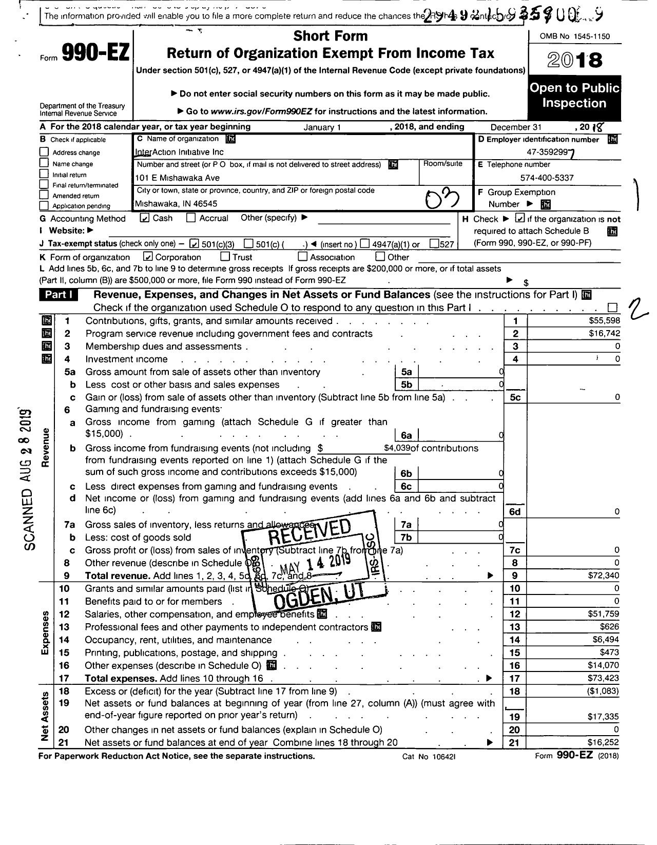 Image of first page of 2018 Form 990EZ for Interaction Initiative