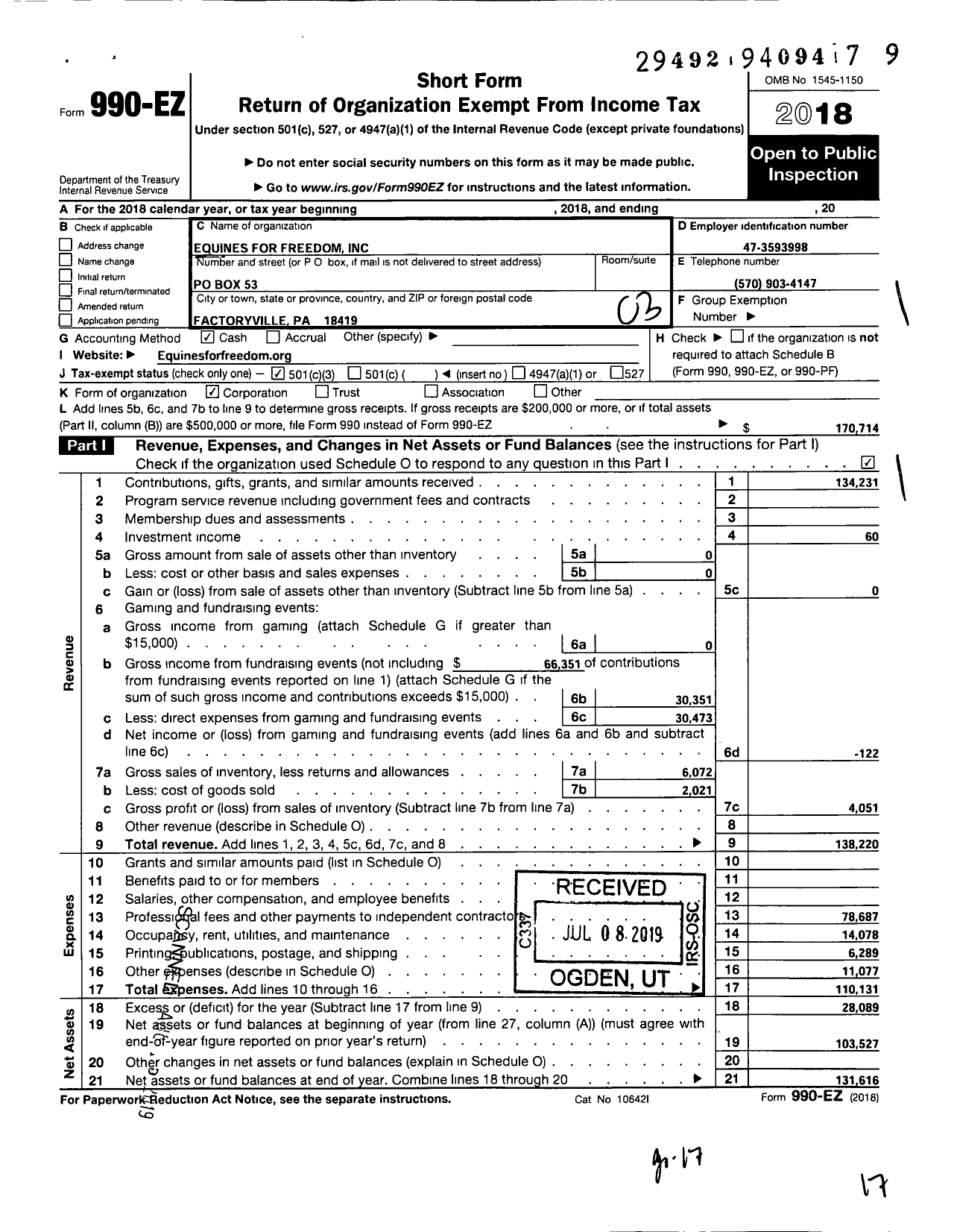 Image of first page of 2018 Form 990EZ for Equines for Freedom