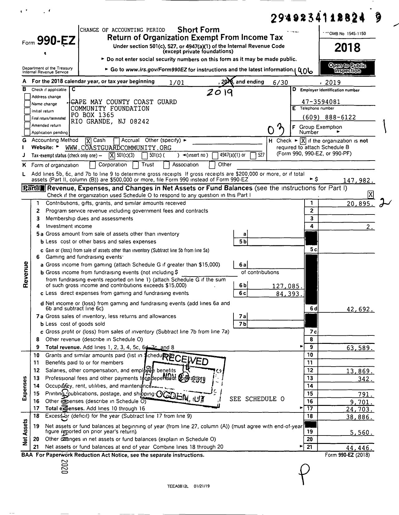 Image of first page of 2018 Form 990EZ for Cape May County Coast Guard Community Foundation