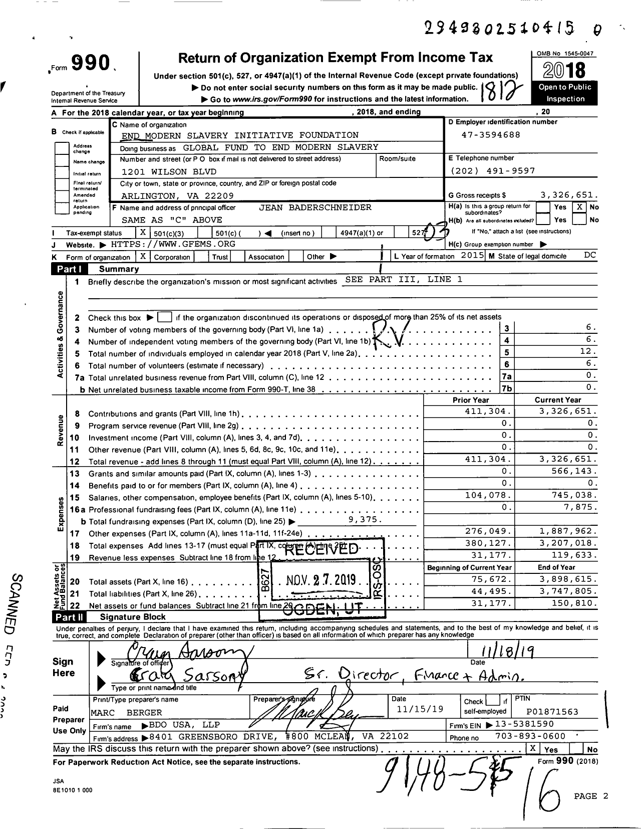 Image of first page of 2018 Form 990 for Global Fund to End Modern Slavery