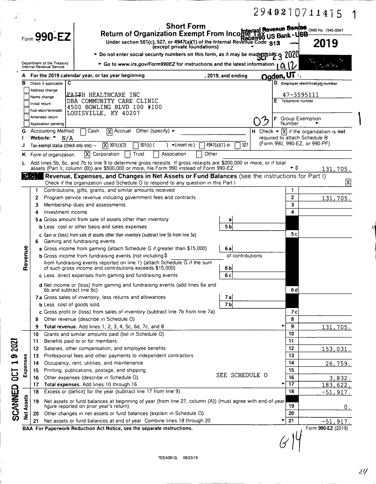 Image of first page of 2019 Form 990EZ for Community Care Clinic / Faith Healthcare Inc