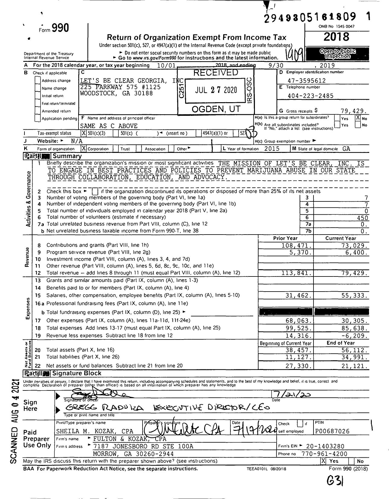 Image of first page of 2018 Form 990 for Lets Be Clear Georgia