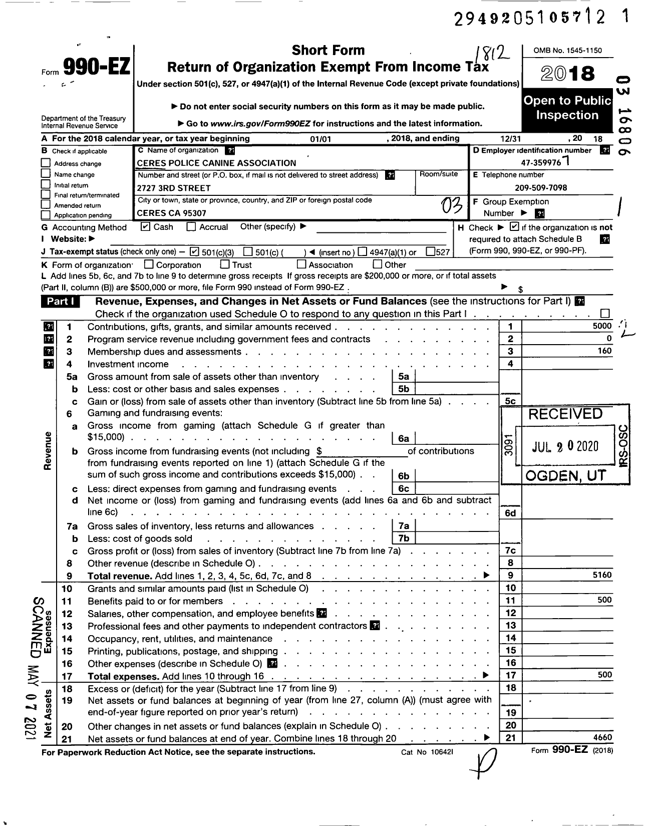 Image of first page of 2018 Form 990EZ for Ceres Police Canine Association