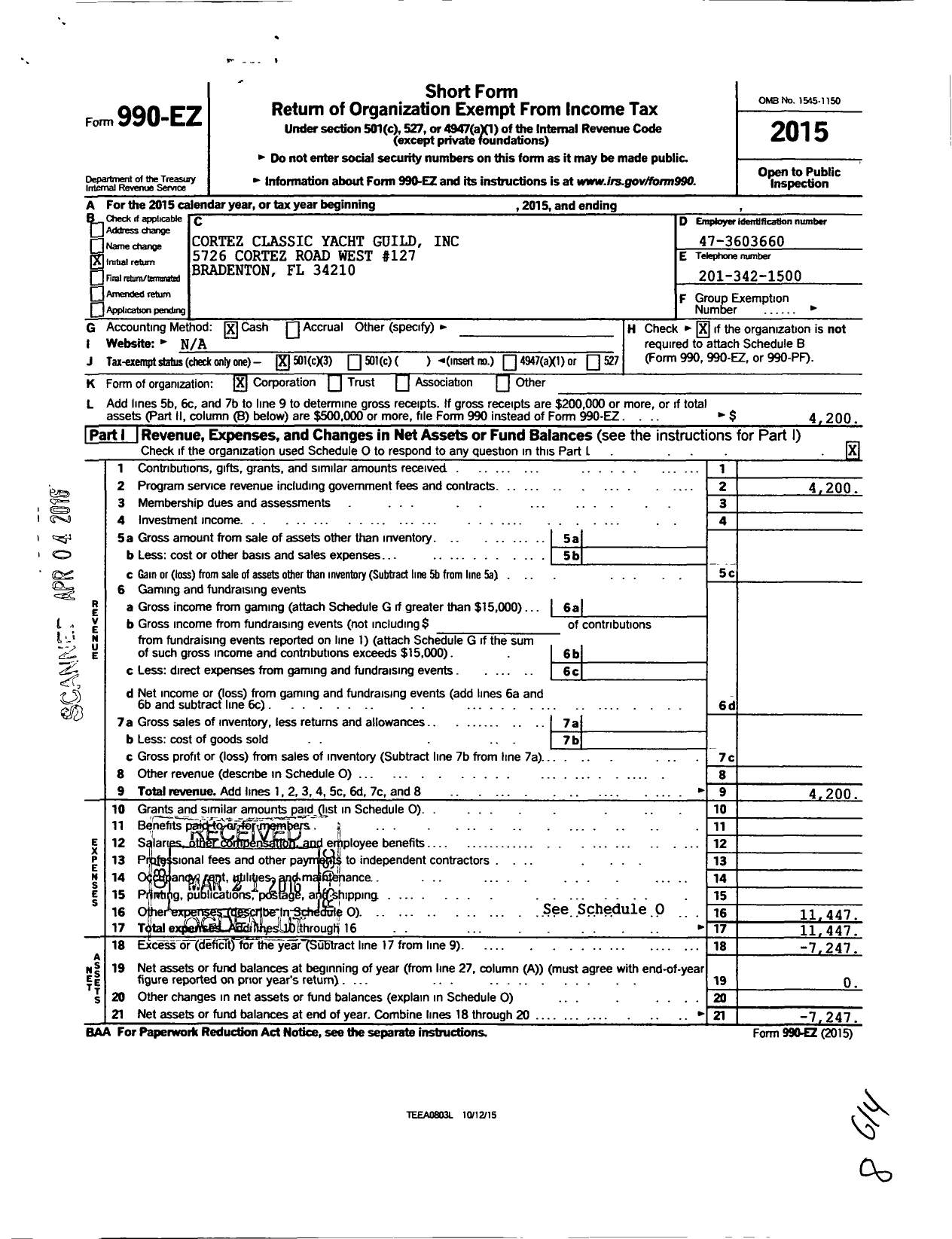 Image of first page of 2015 Form 990EZ for Cortez Classic Yacht Guild