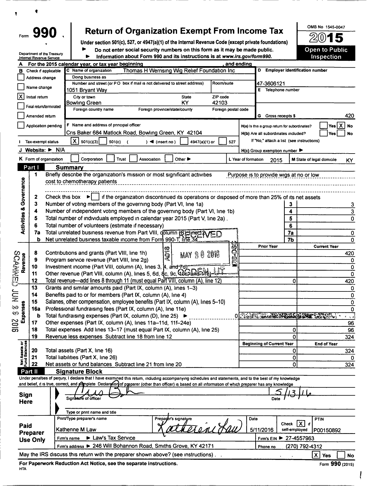 Image of first page of 2015 Form 990 for Thomas H Wernsing Wig Relief Foundation
