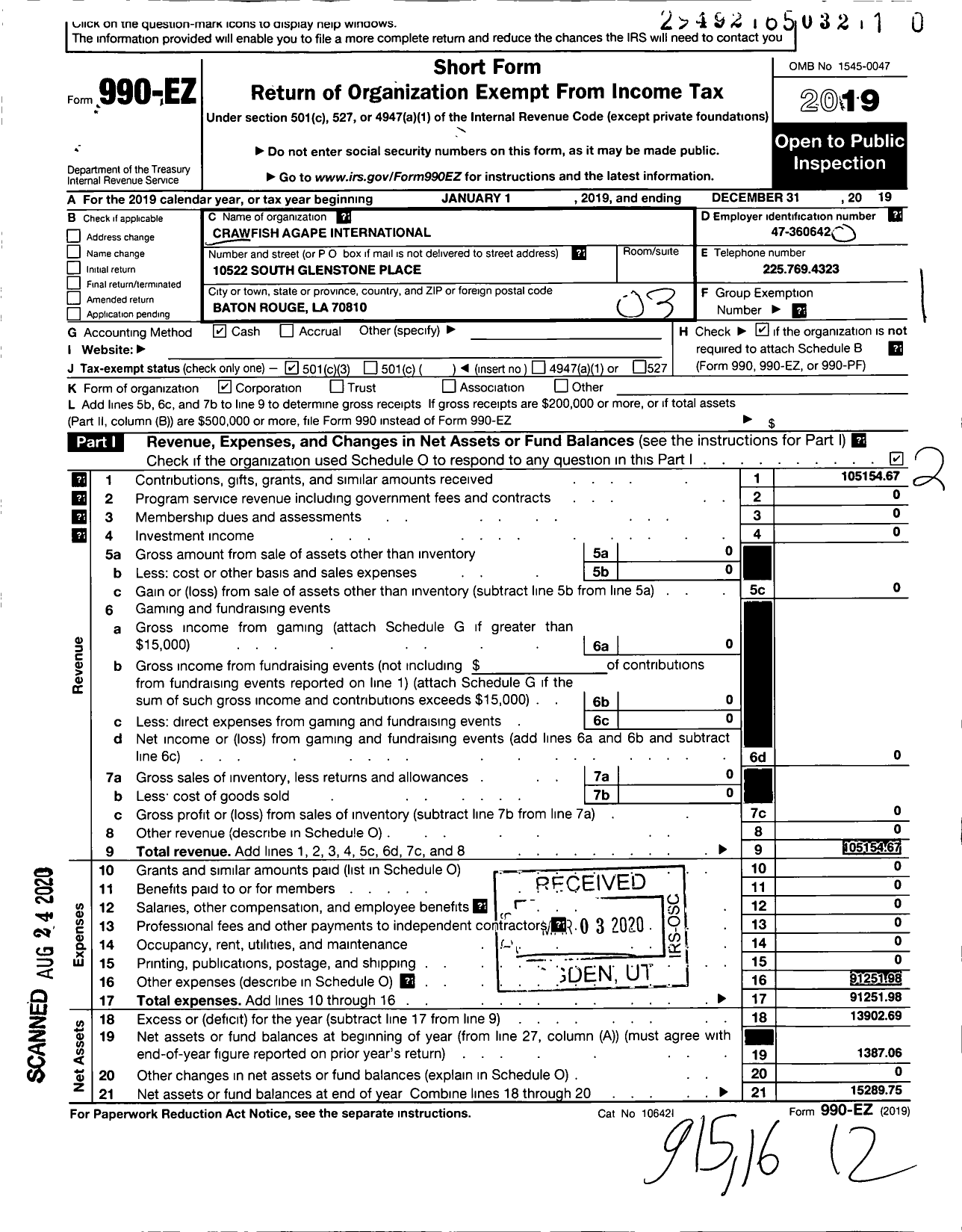 Image of first page of 2019 Form 990EZ for Crawfish Agape International