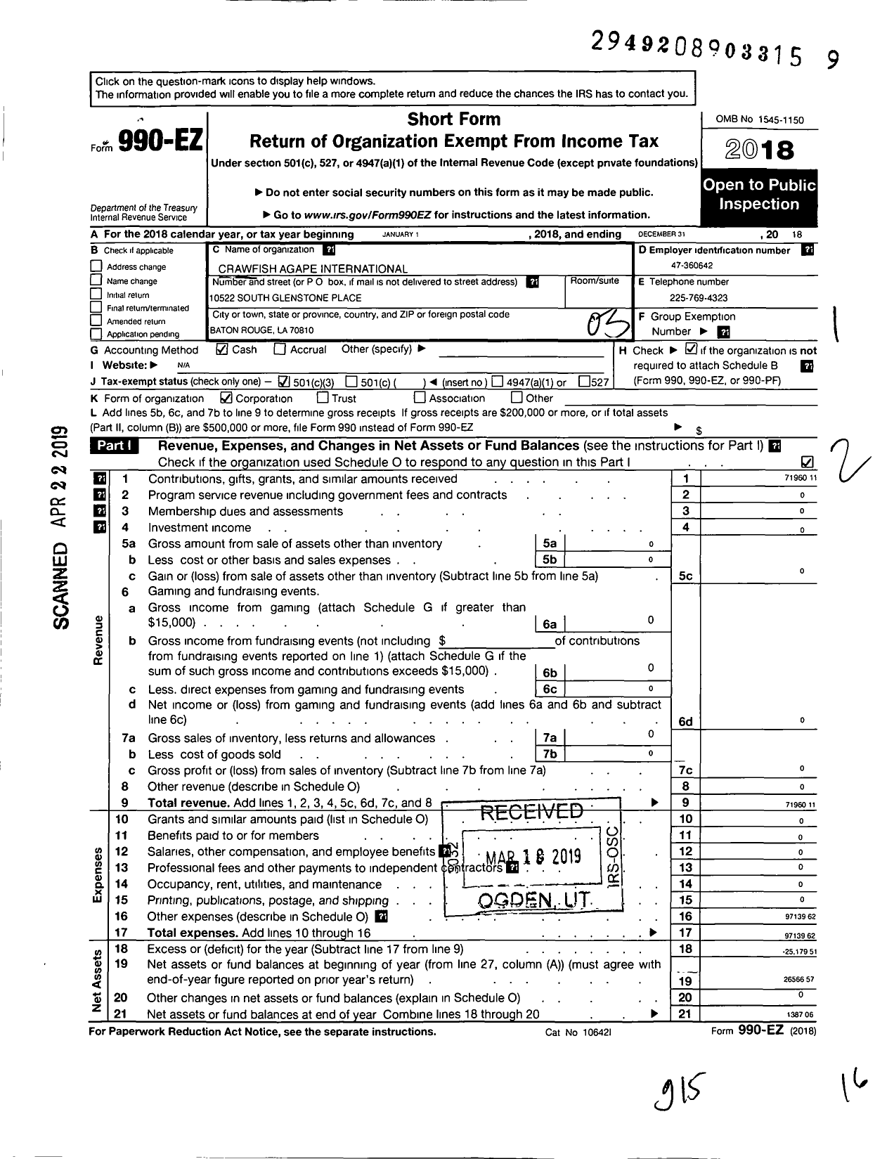 Image of first page of 2018 Form 990EZ for Crawfish Agape International