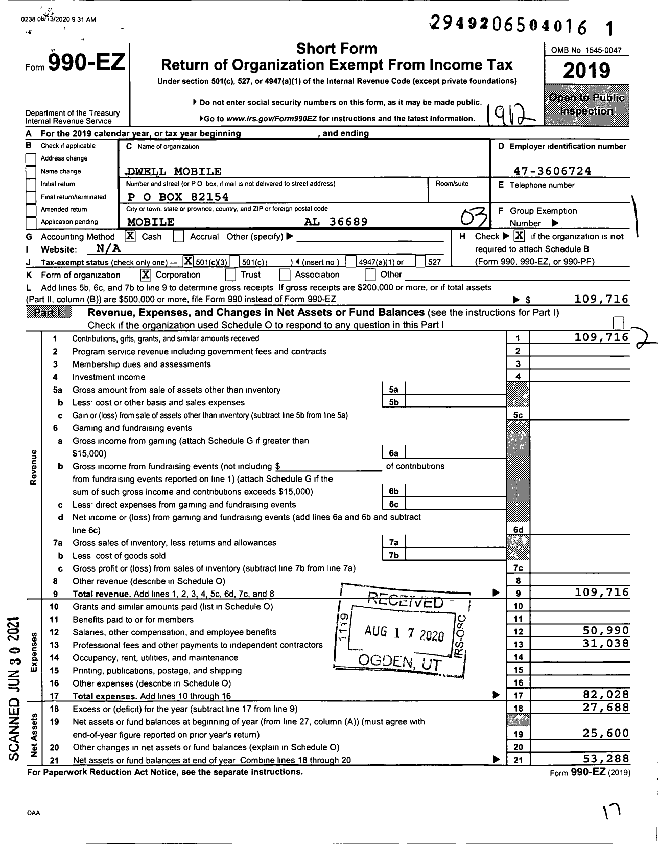 Image of first page of 2019 Form 990EZ for Dwell Mobile