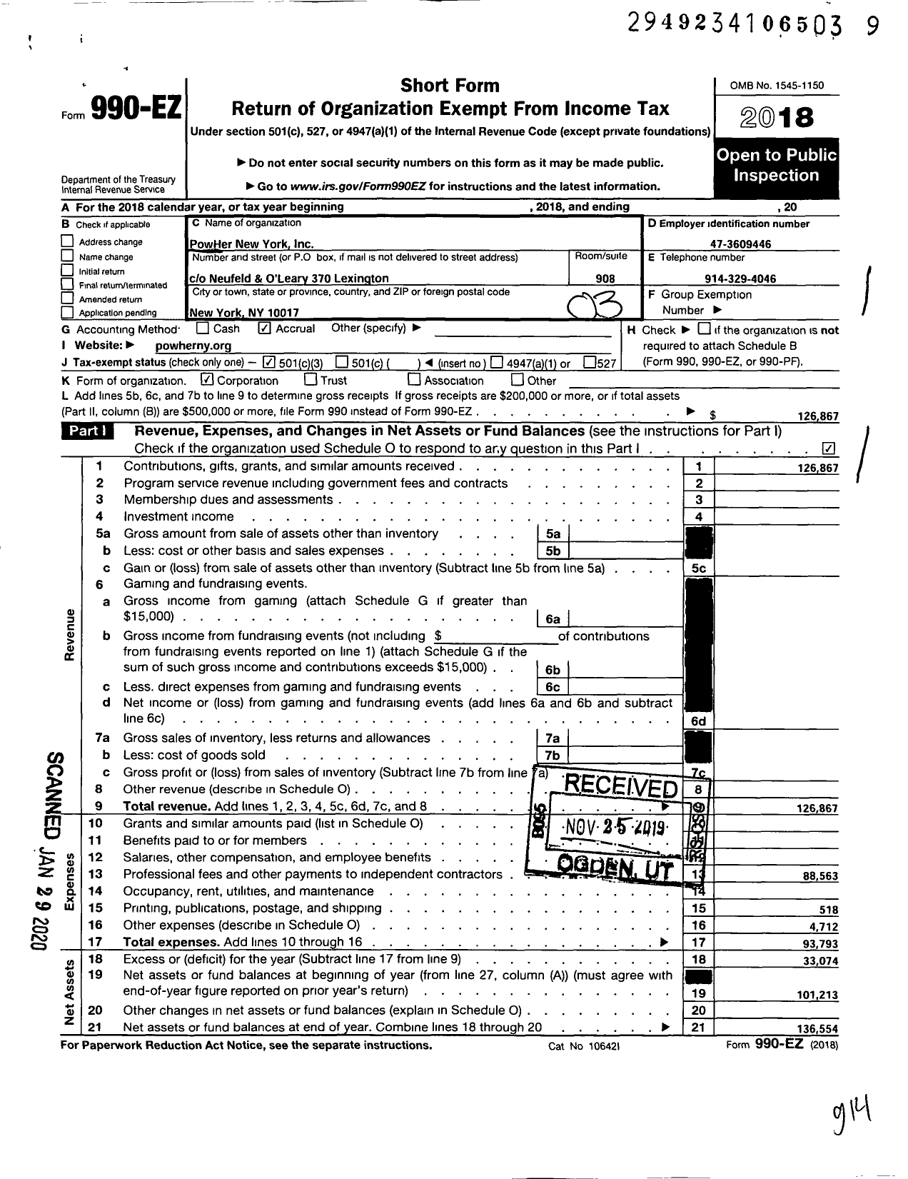 Image of first page of 2018 Form 990EZ for Powher New York