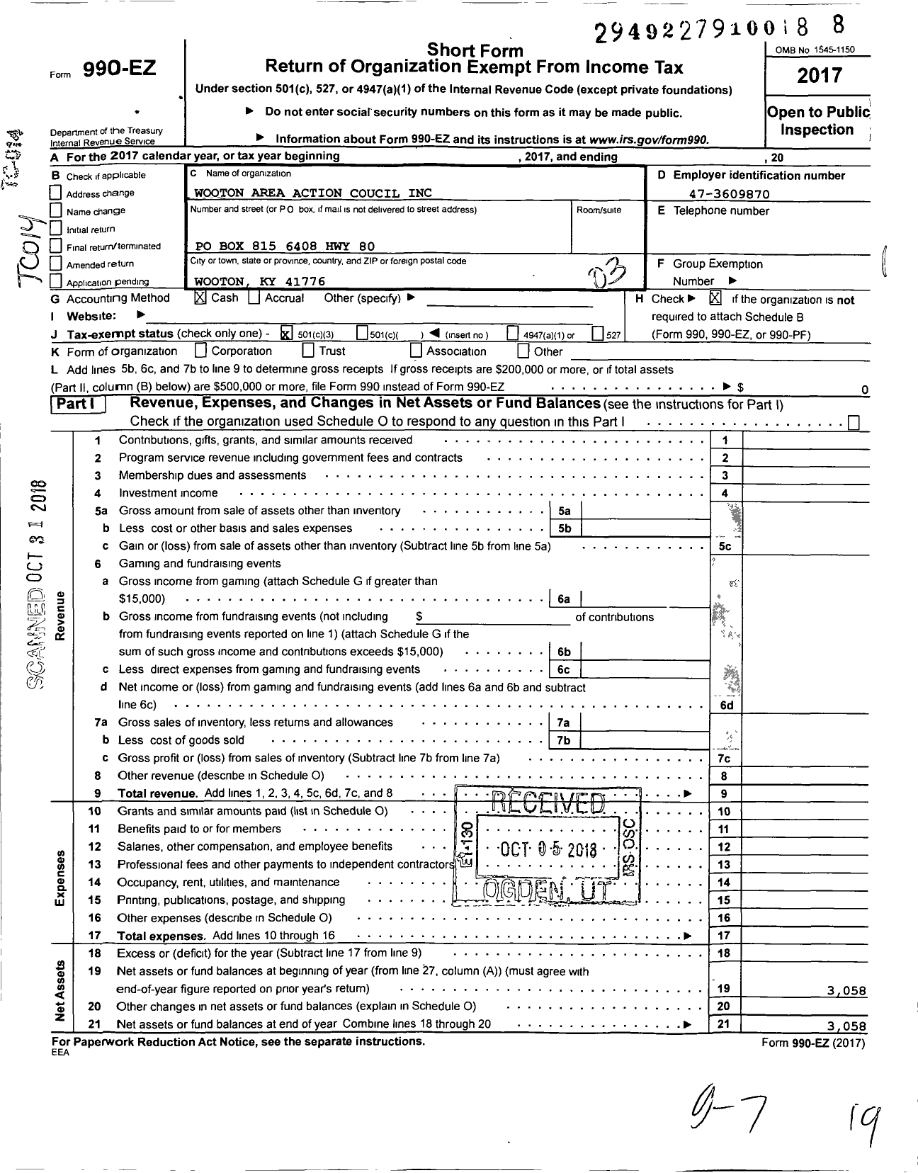 Image of first page of 2017 Form 990EZ for Wooton Area Action Coucil