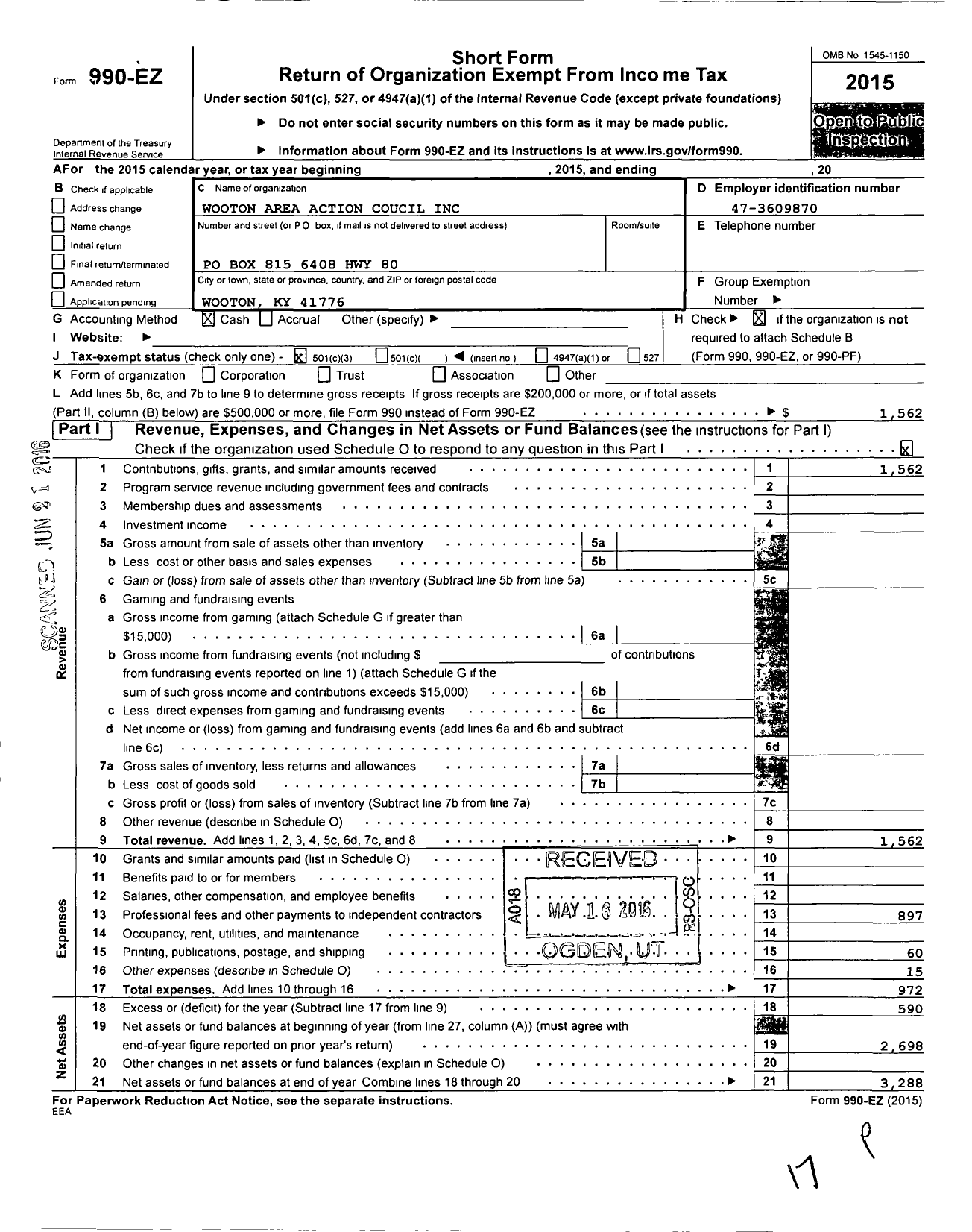 Image of first page of 2015 Form 990EZ for Wooton Area Action Coucil