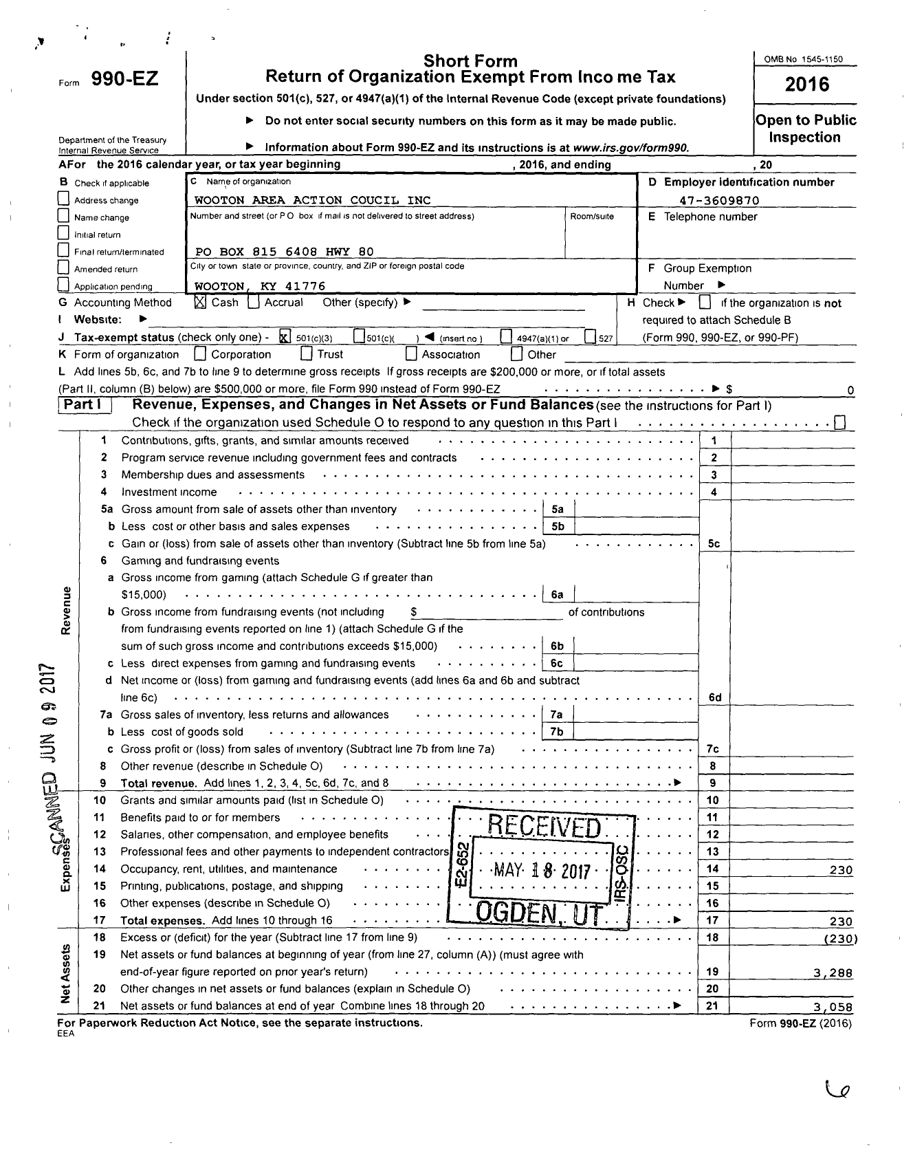 Image of first page of 2016 Form 990EZ for Wooton Area Action Coucil