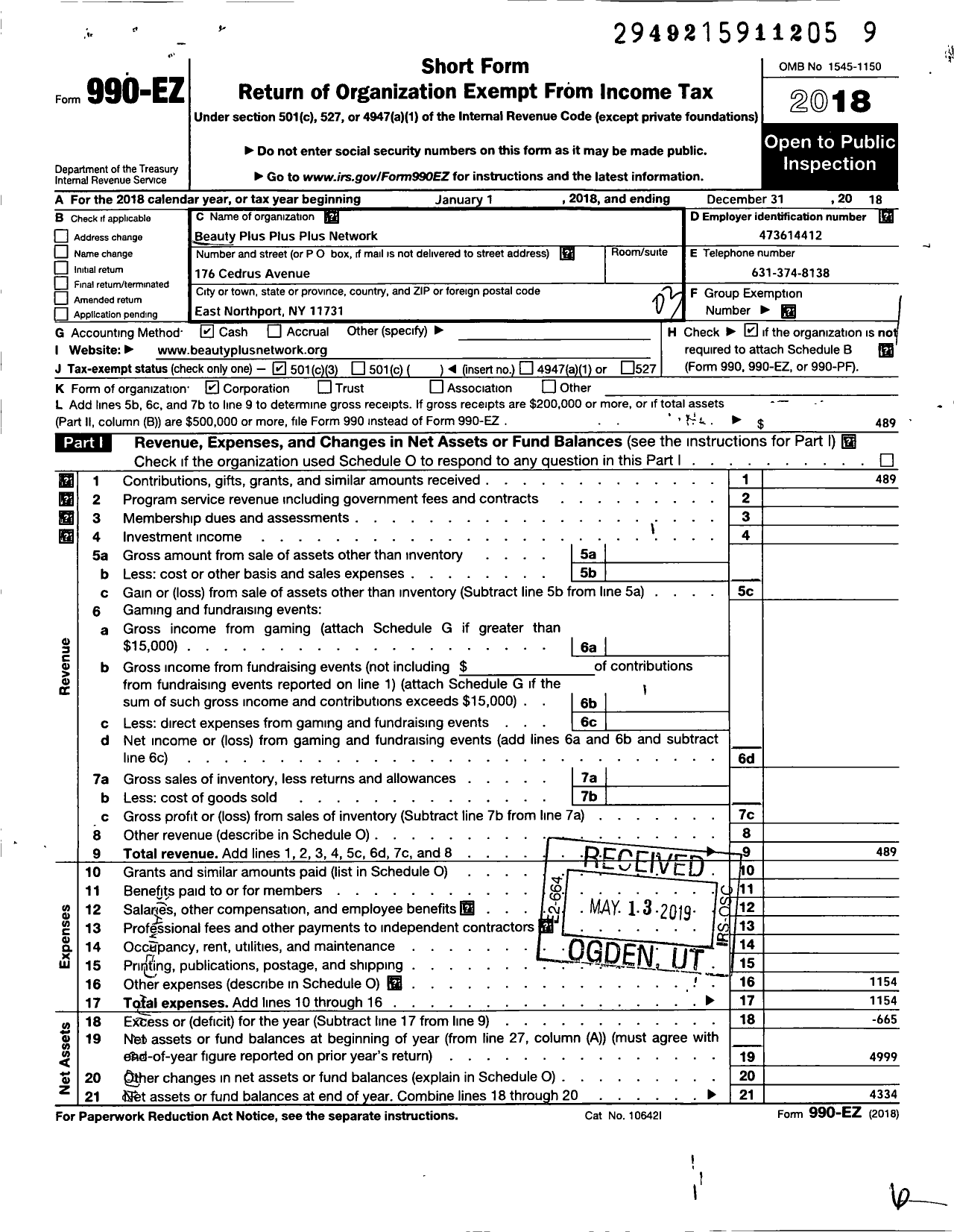 Image of first page of 2018 Form 990EZ for Beauty Plus Plus Plus