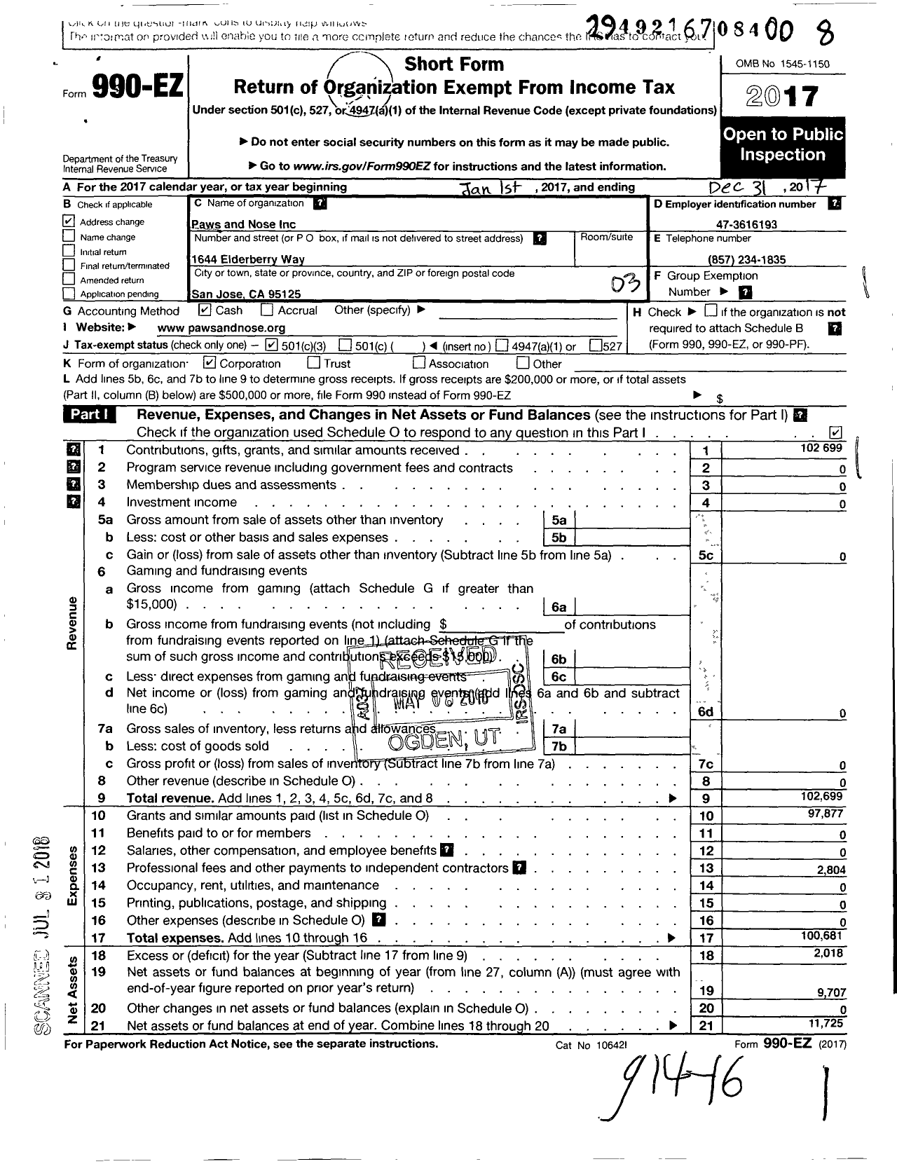 Image of first page of 2017 Form 990EZ for Paws and Nose