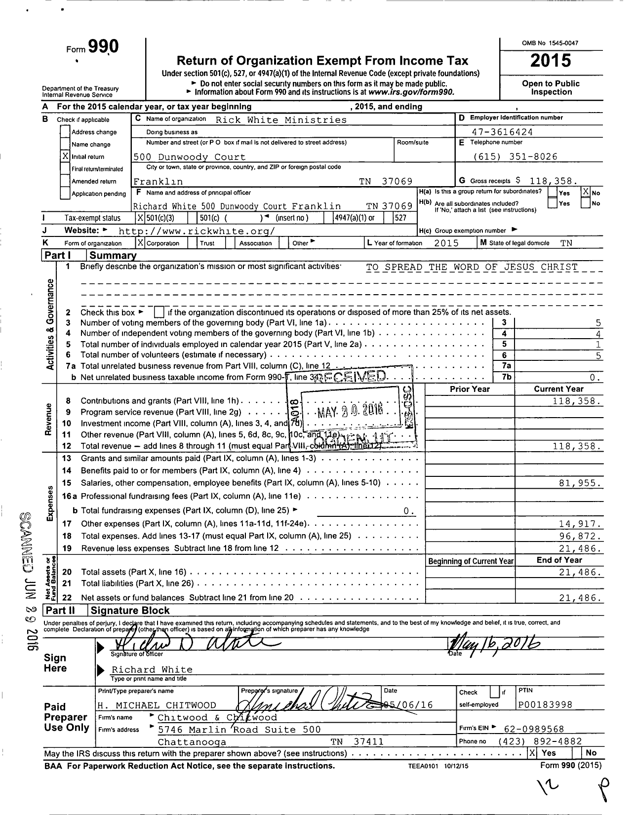 Image of first page of 2015 Form 990 for Rick White Ministries