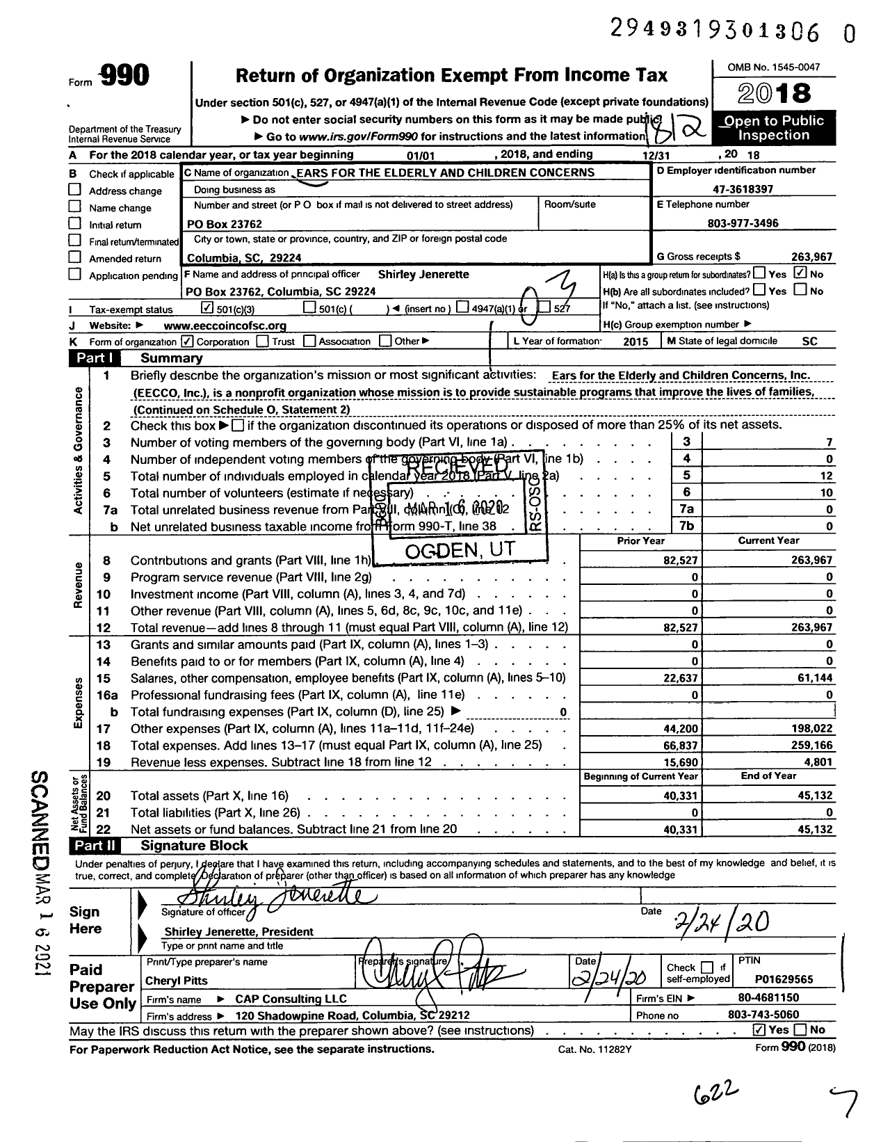 Image of first page of 2018 Form 990 for Ears for the Elderly and Children Concerns