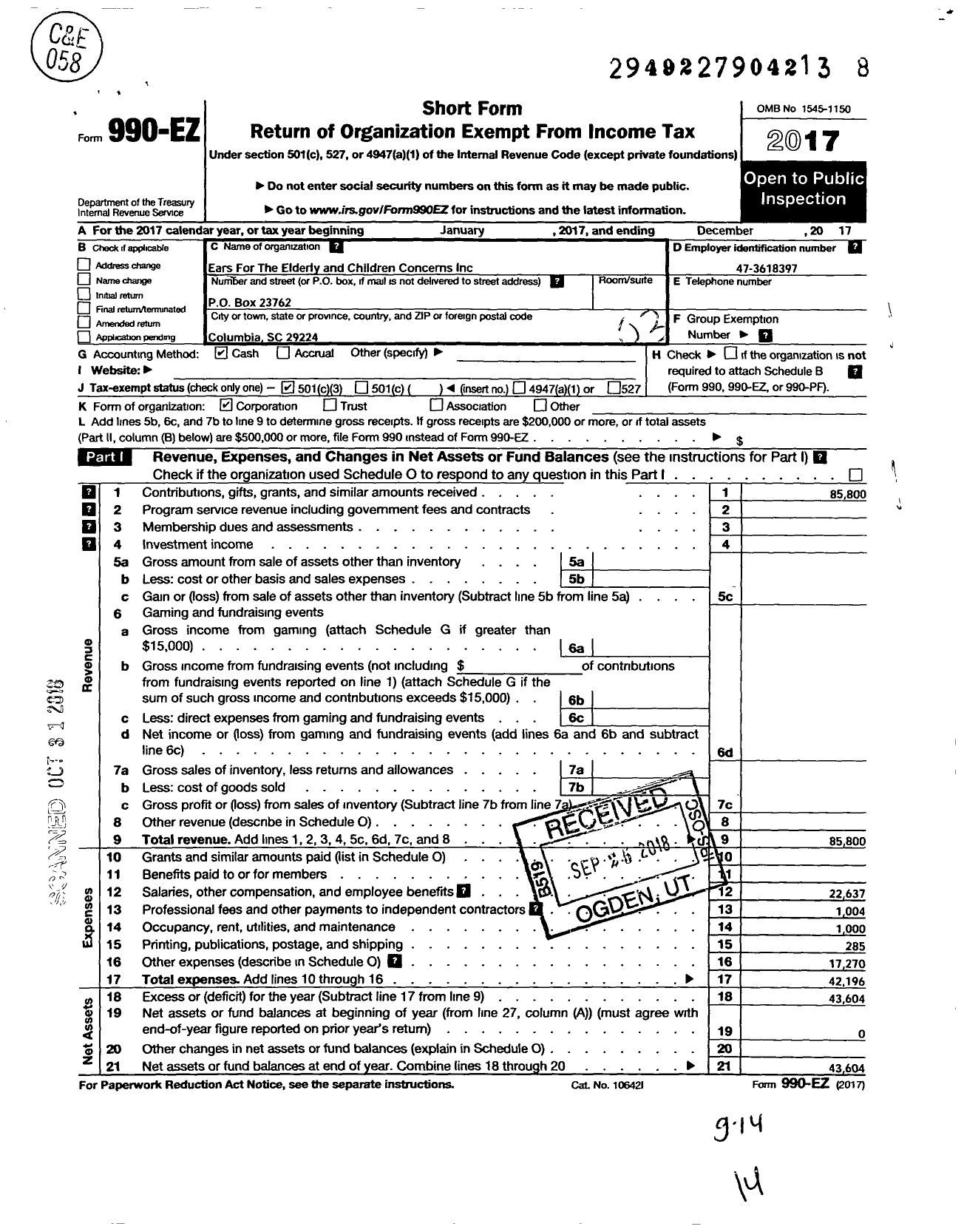 Image of first page of 2017 Form 990EZ for Ears for the Elderly and Children Concerns