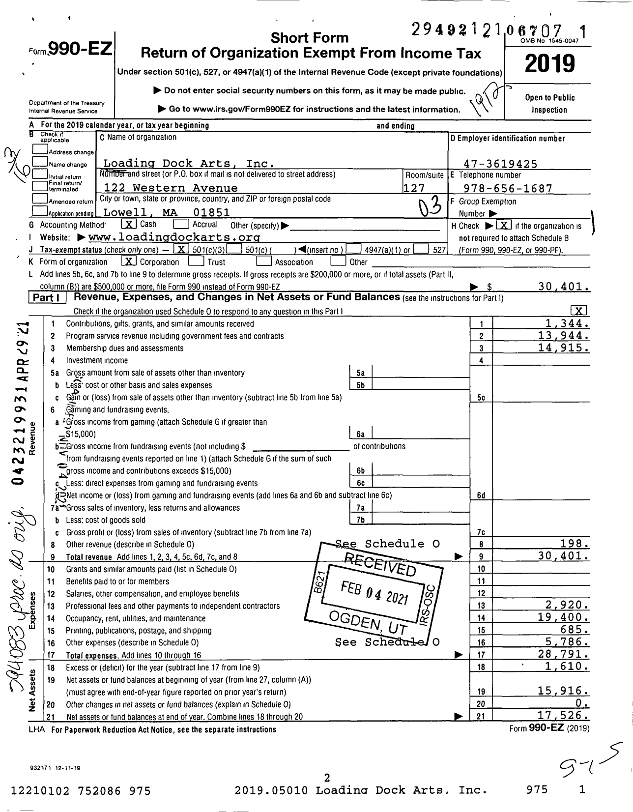 Image of first page of 2019 Form 990EZ for Loading Dock Arts