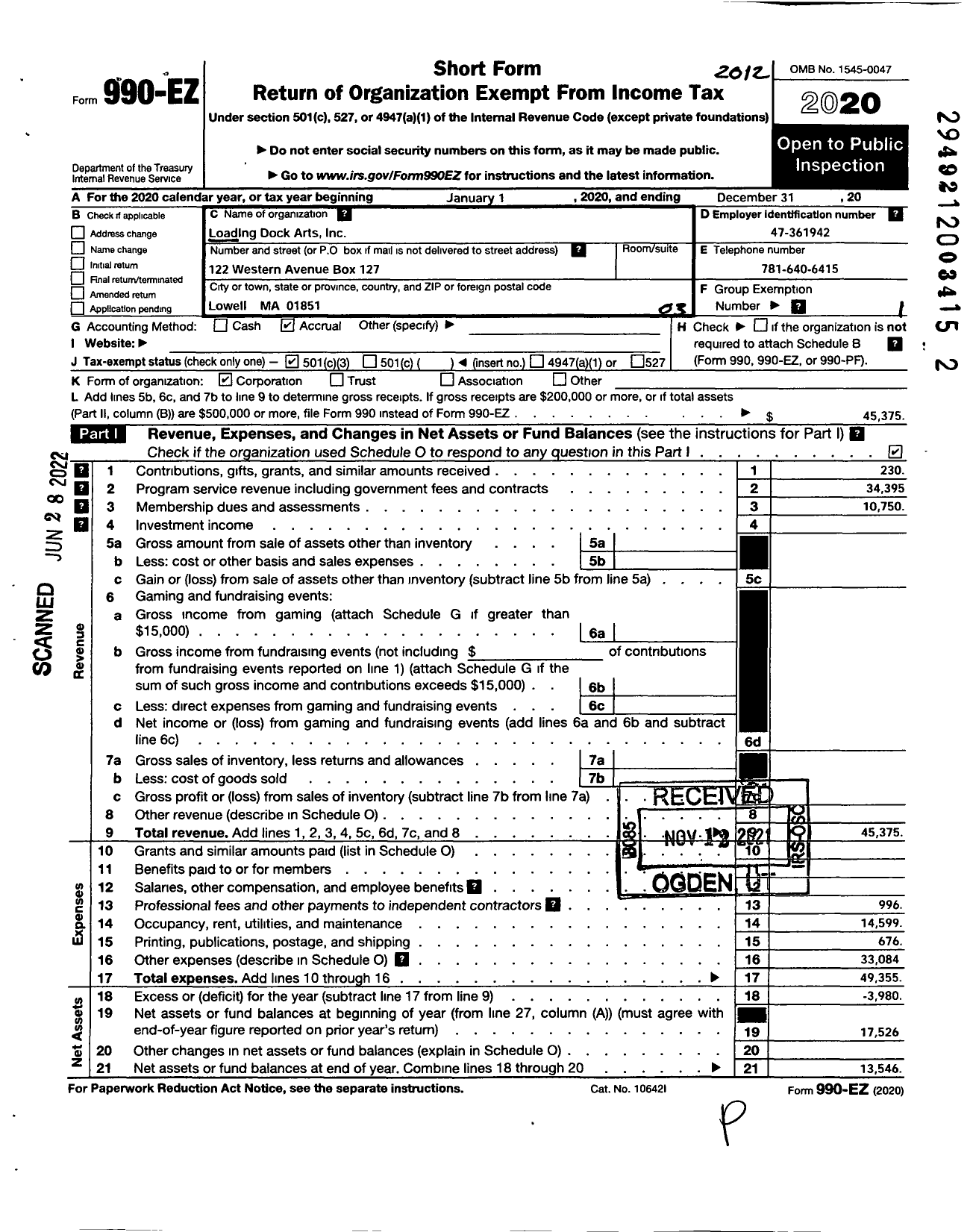 Image of first page of 2020 Form 990EZ for Loading Dock Arts