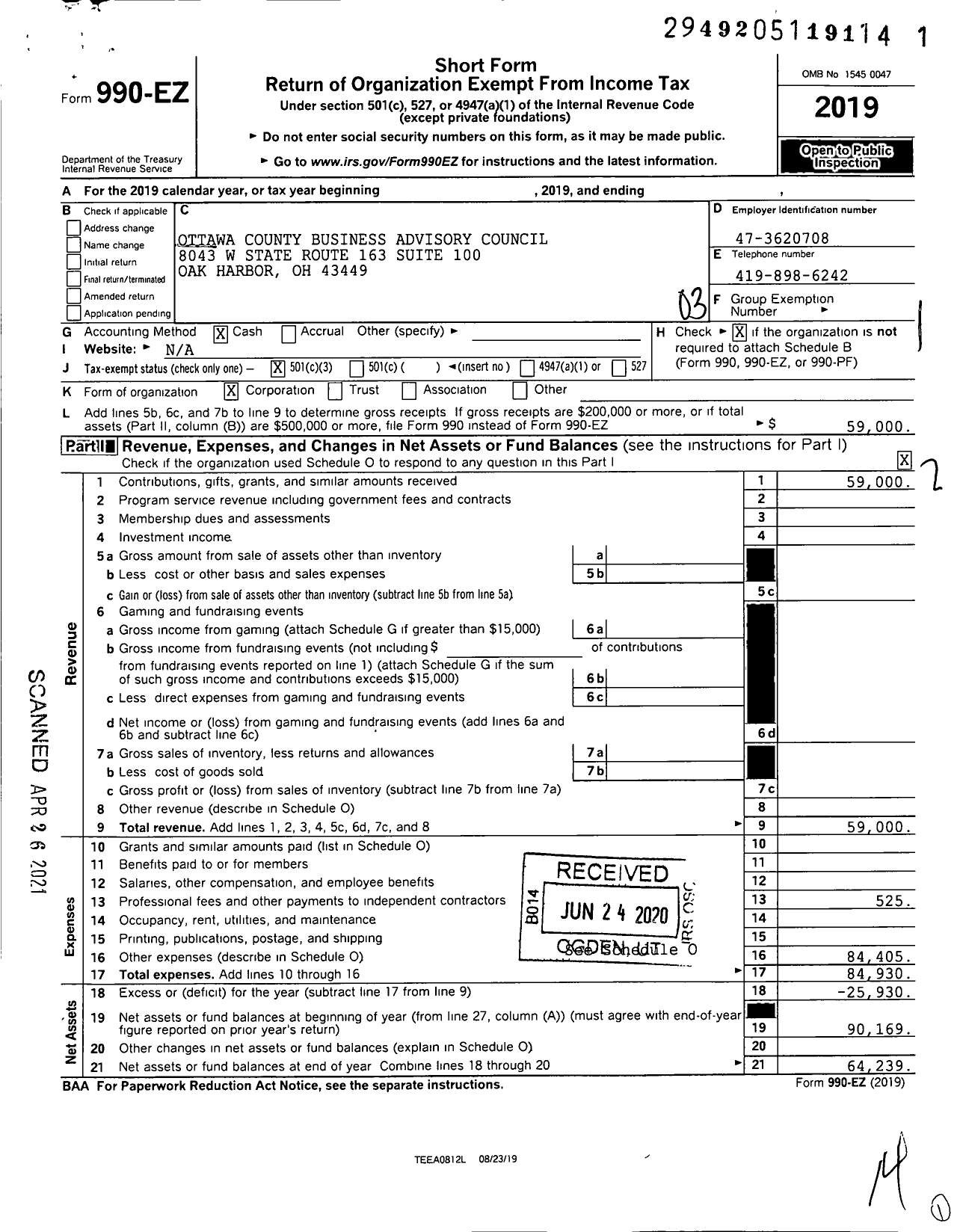 Image of first page of 2019 Form 990EZ for Ottawa County Business Advisory Council