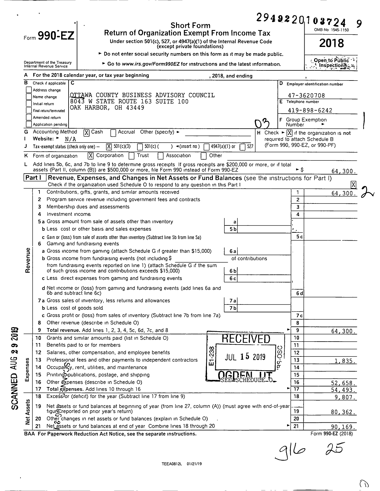 Image of first page of 2018 Form 990EZ for Ottawa County Business Advisory Council