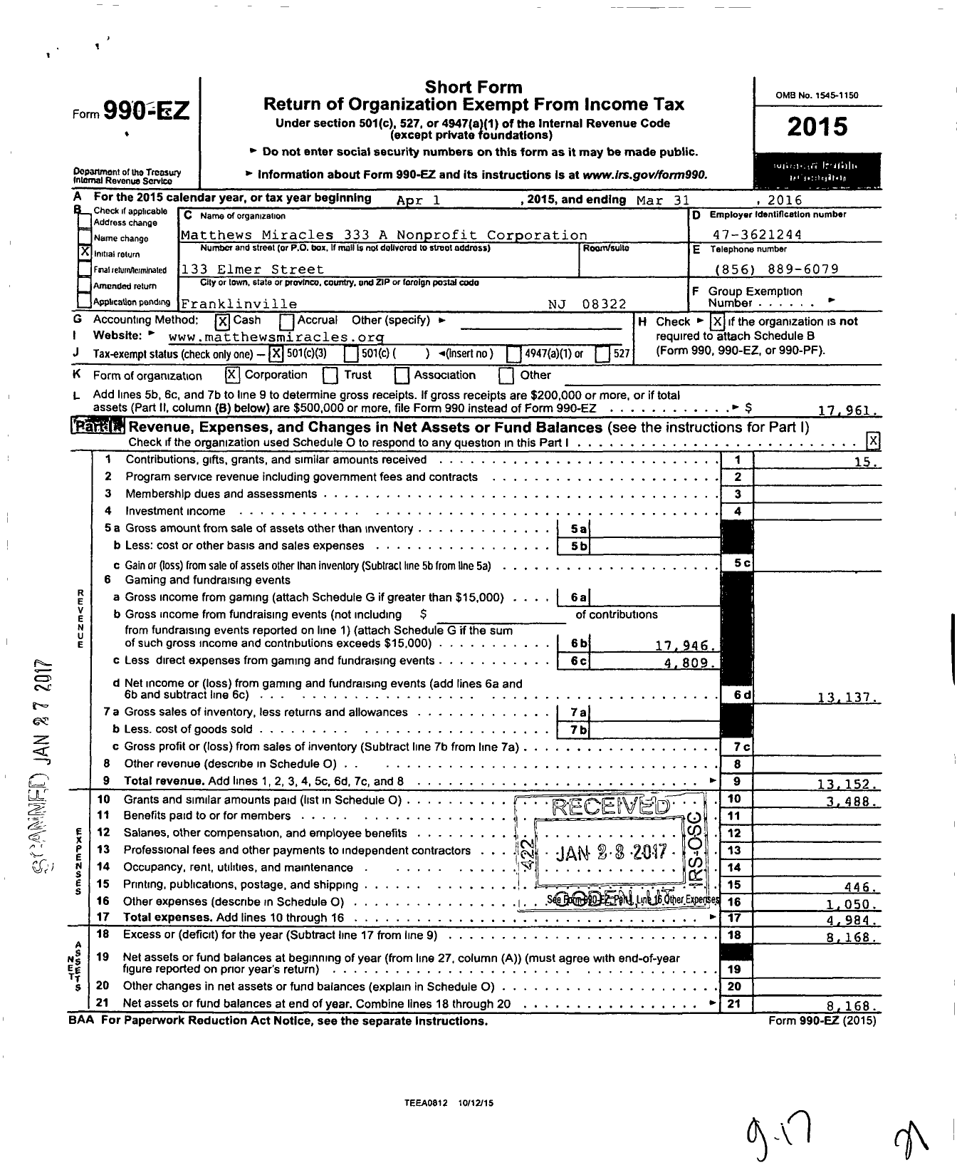 Image of first page of 2015 Form 990EZ for Matthews Miracles 333