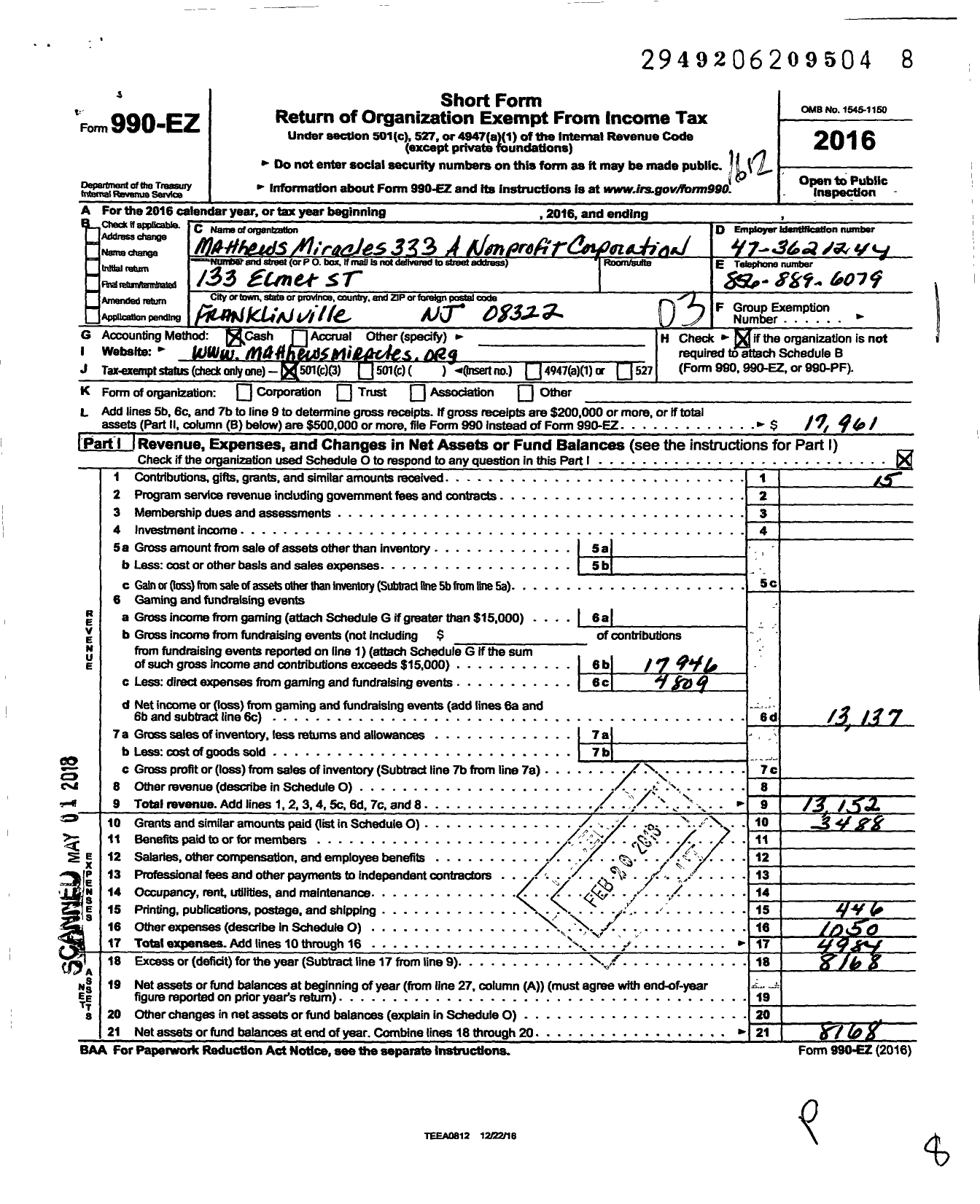 Image of first page of 2016 Form 990EZ for Matthews Miracles 333