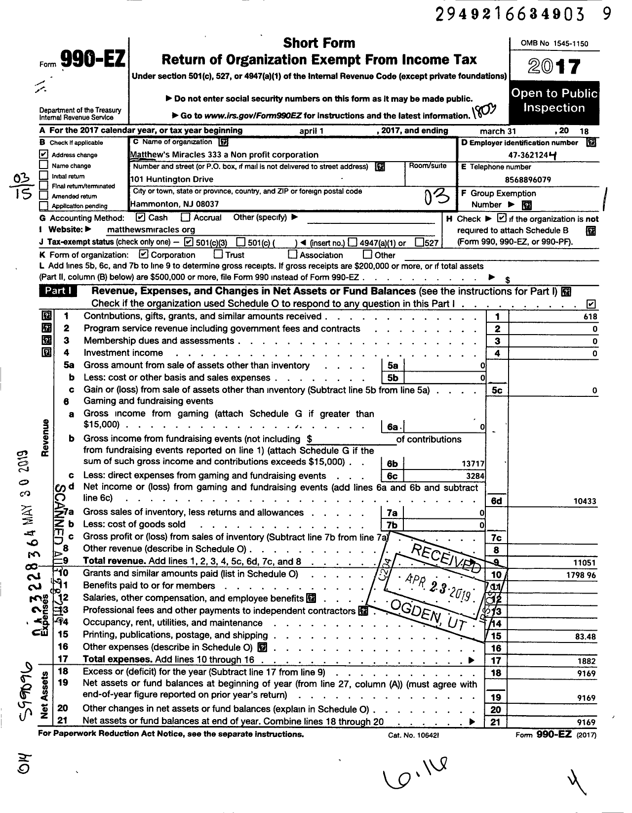 Image of first page of 2017 Form 990EZ for Matthews Miracles 333